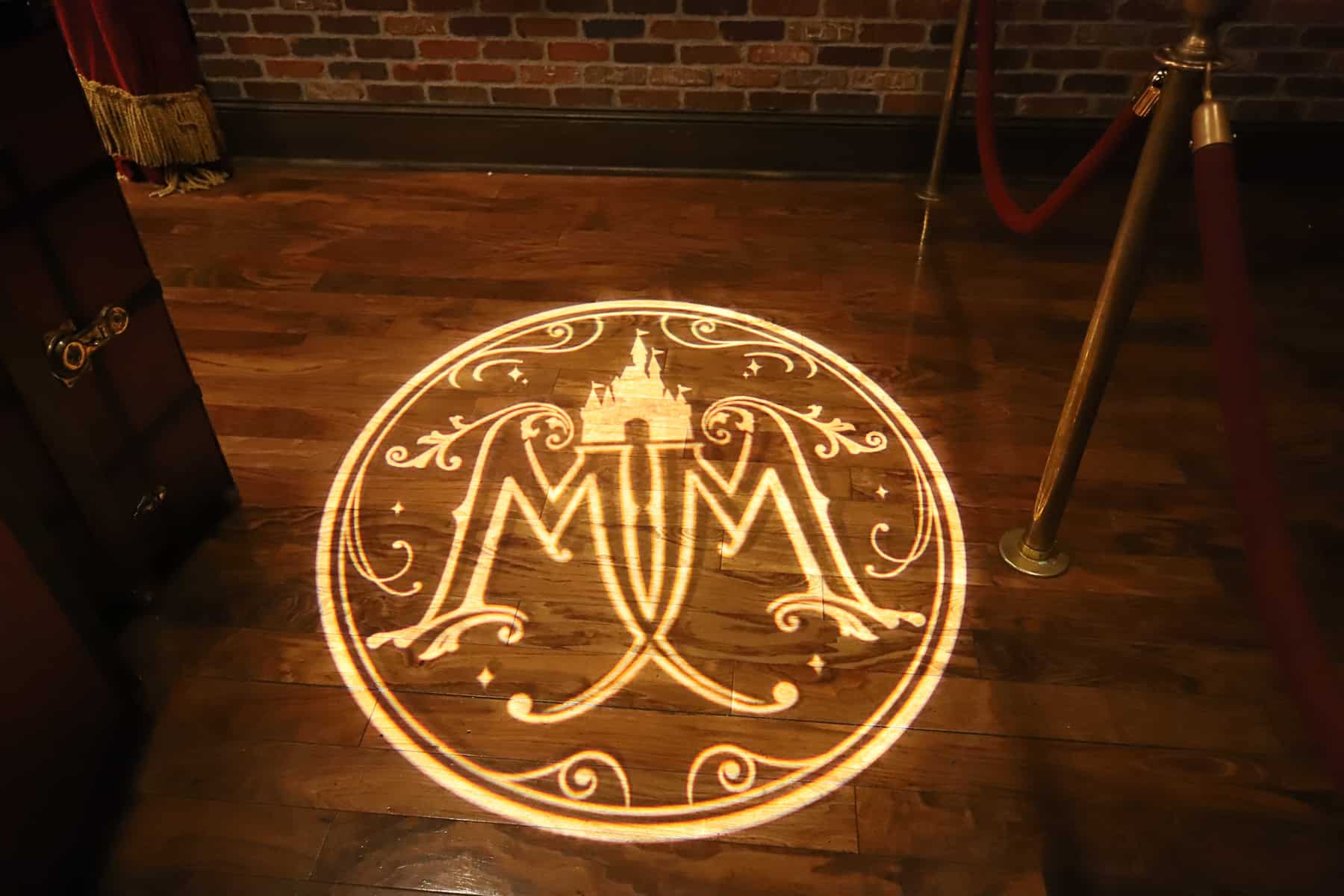 Mickey's logo highlighted on the floor of his character meet. 
