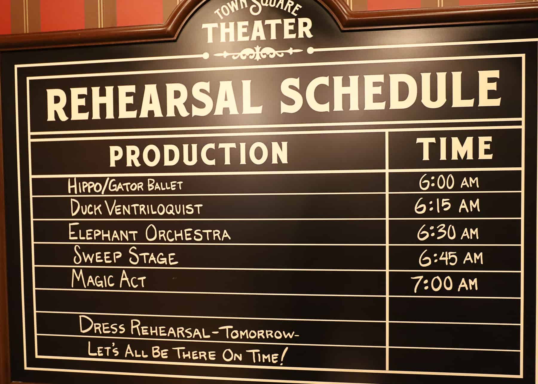 Mickey's rehearsal schedule that includes elements of Fantasia. 