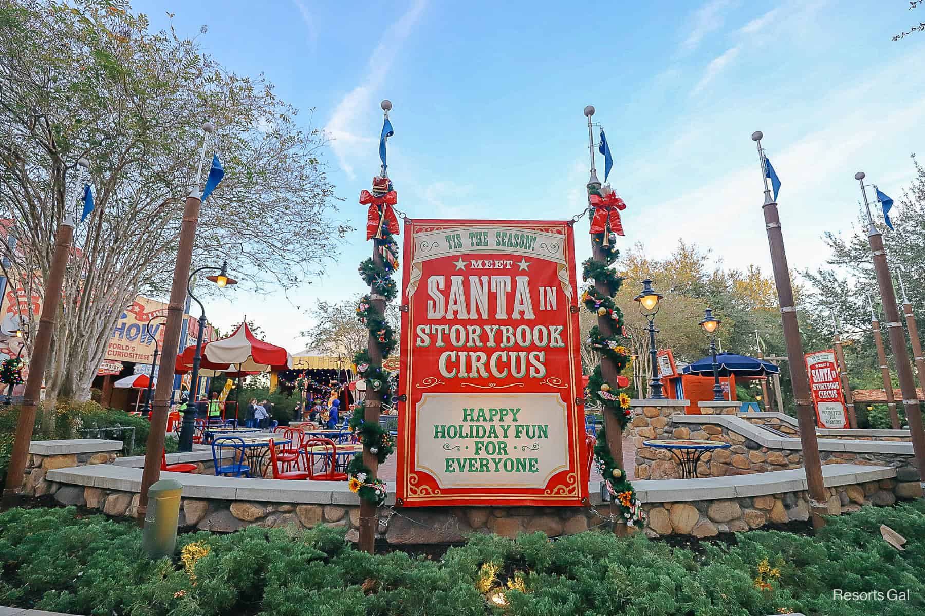 a sign that says Meet Santa in Storybook Circus
