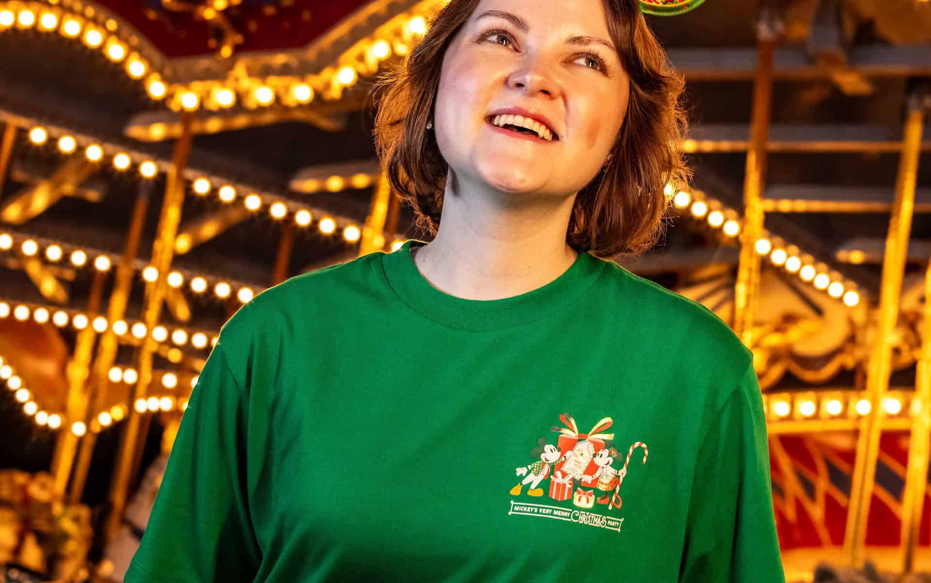 Green T-shirt for Mickey's Christmas Party in 2026 (front)