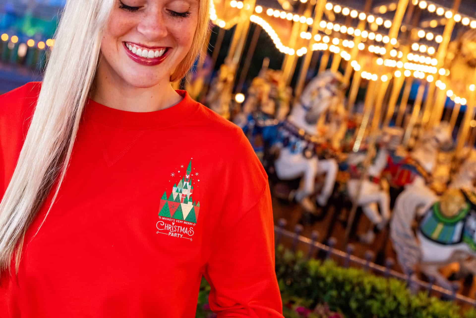 front branding on Mickey's Very Merry Christmas Party Pullover 2026