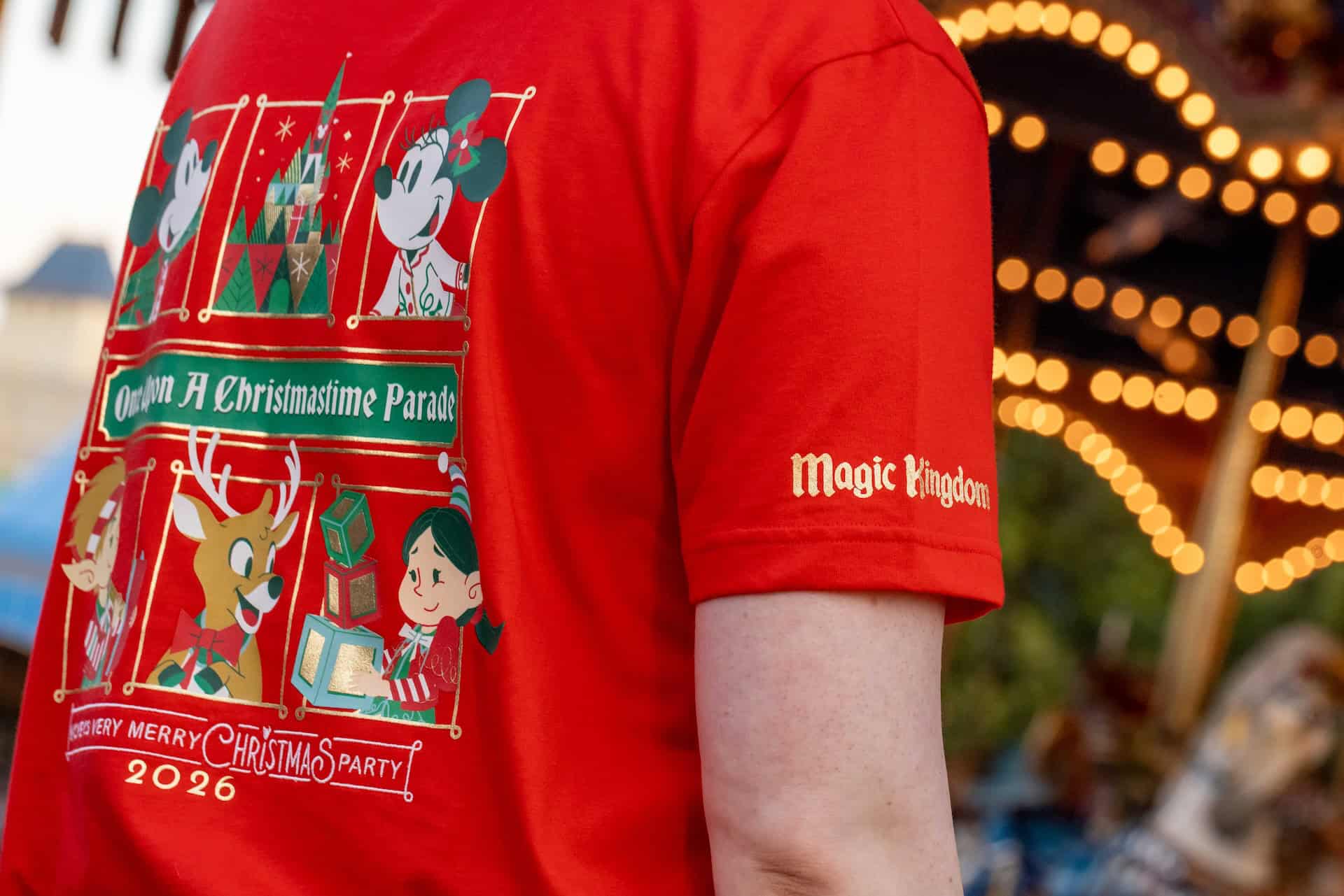 back of Mickey's Christmas Party t-shirt in red