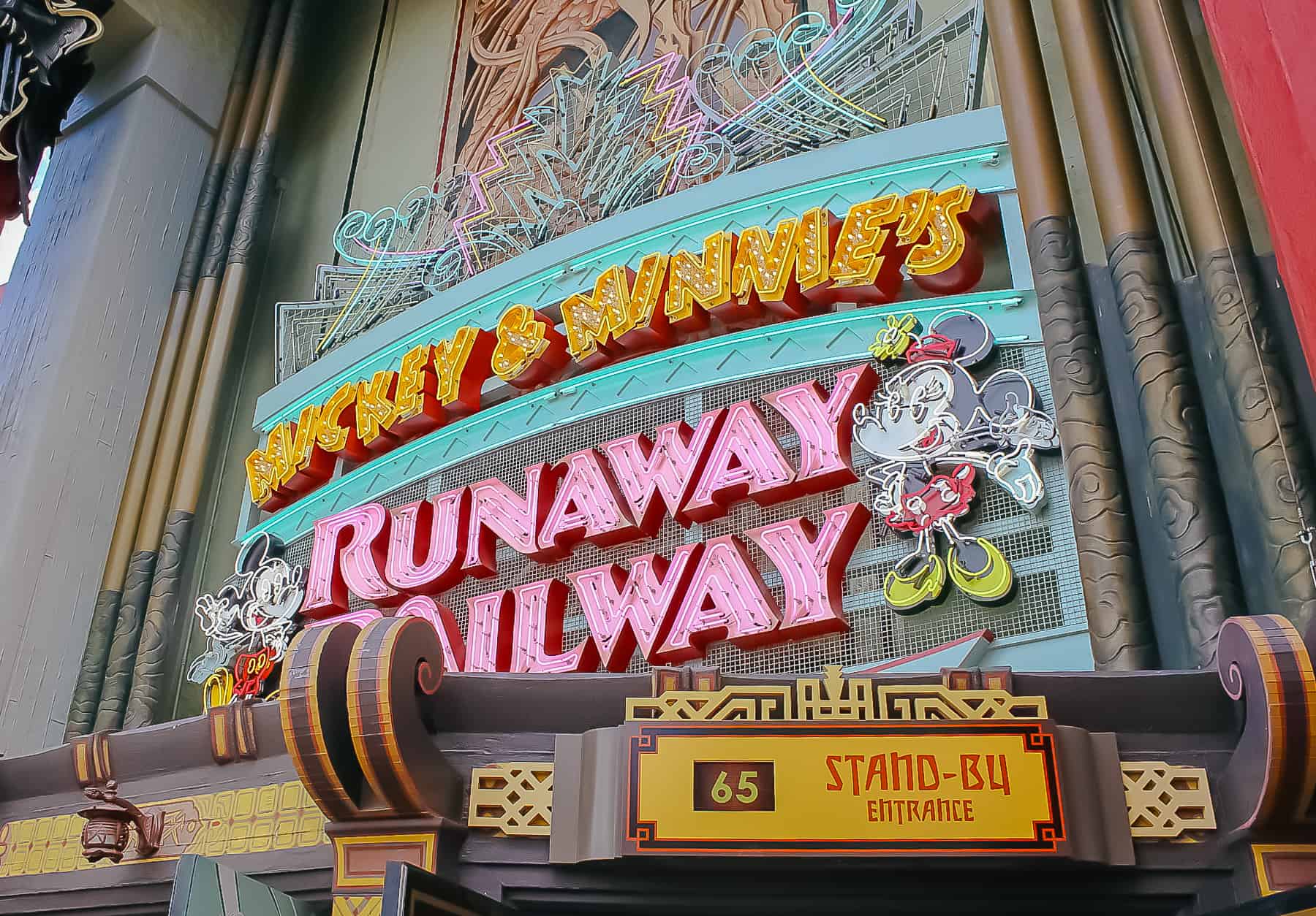 The neon light attraction sign for Mickey & Minnie's Runaway Railway 