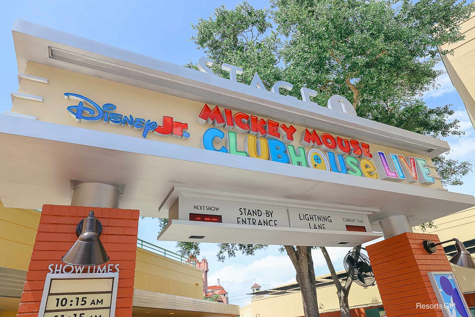 the entrance signage for Mickey Mouse Clubhouse Live at Hollywood Studios 