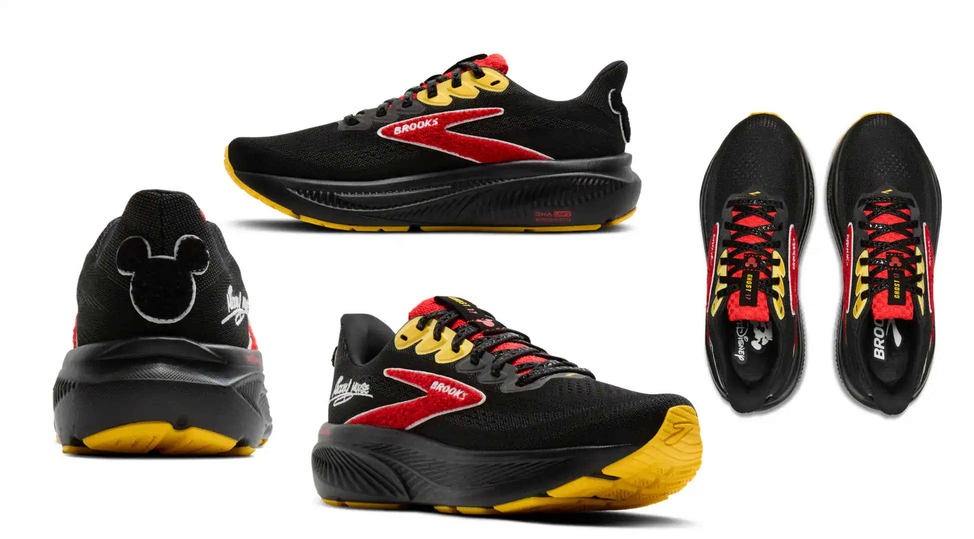 collage of Brooks Mickey Mouse running shoes