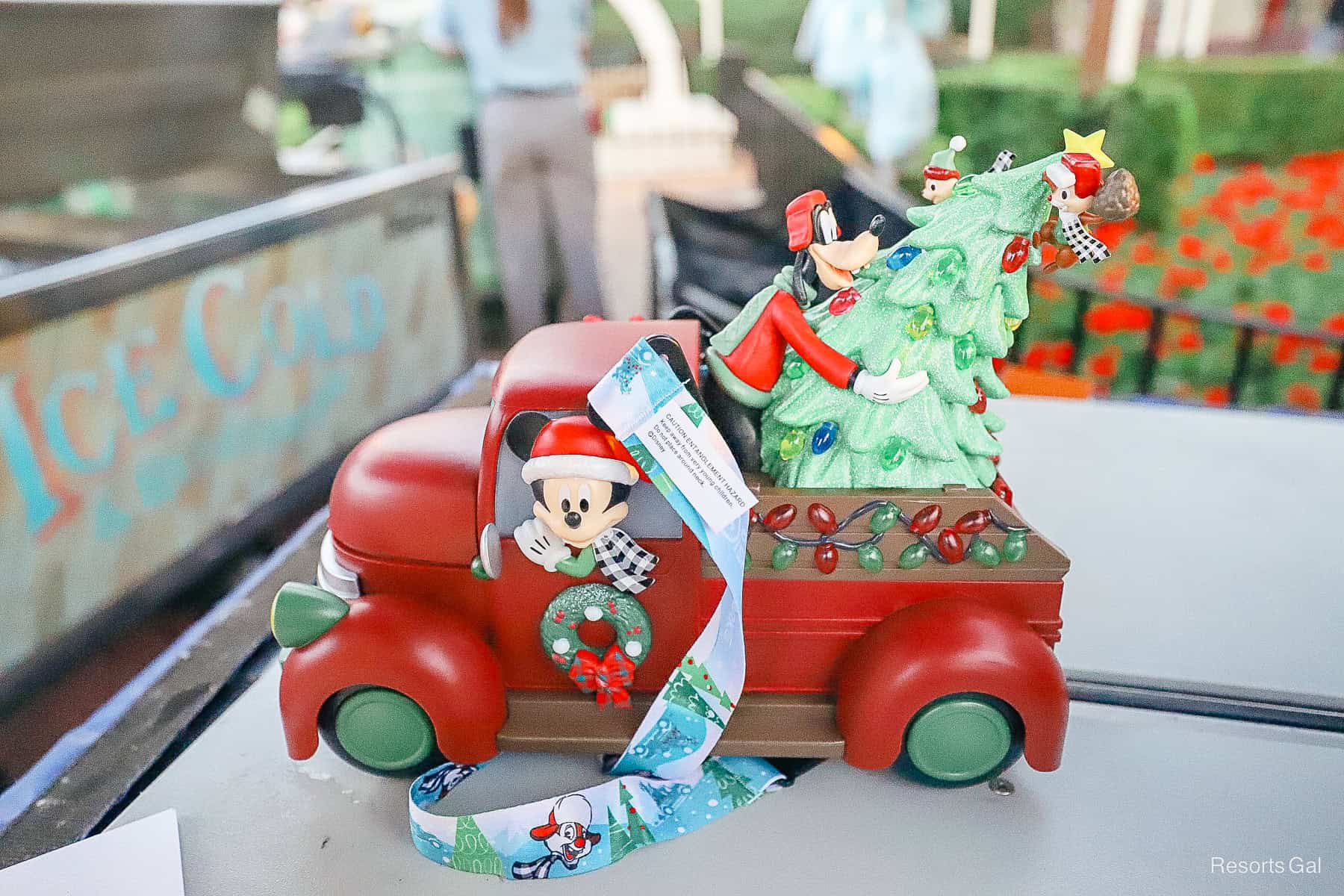 the Mickey Holiday Christmas Tree Truck Popcorn Bucket with a lanyard 