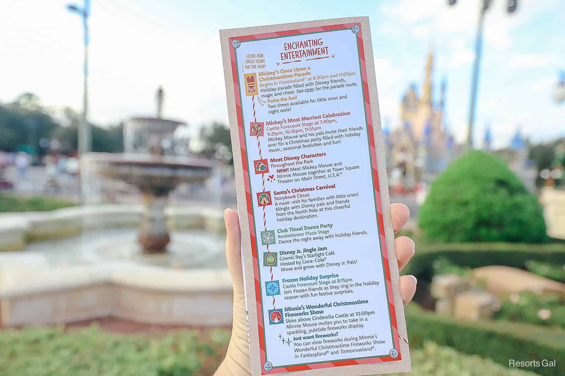 a page on the party guide that lists Enchanting Entertainment offerings with their times during the party