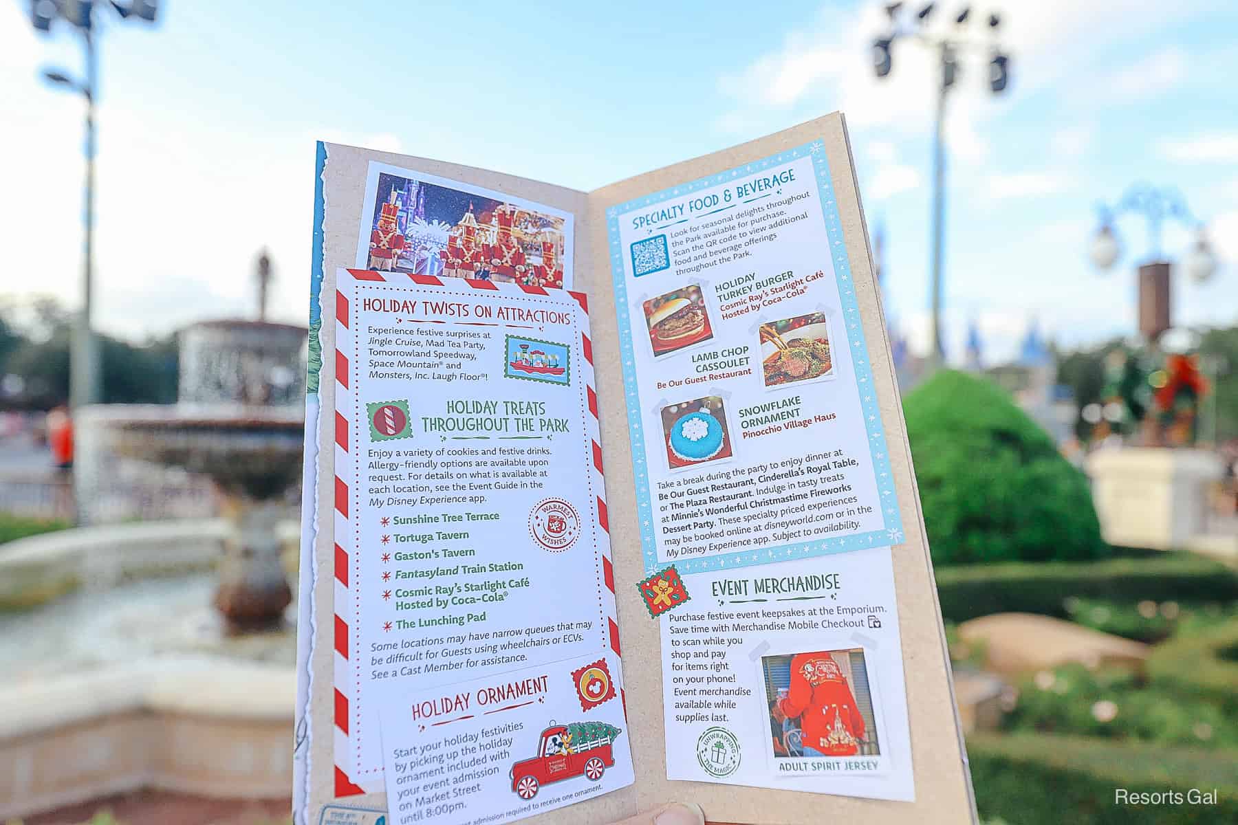 a folded page of the brochure that lists Holiday Twists for attractions, Holiday Treats, specialty food and beverage, and event merchandise