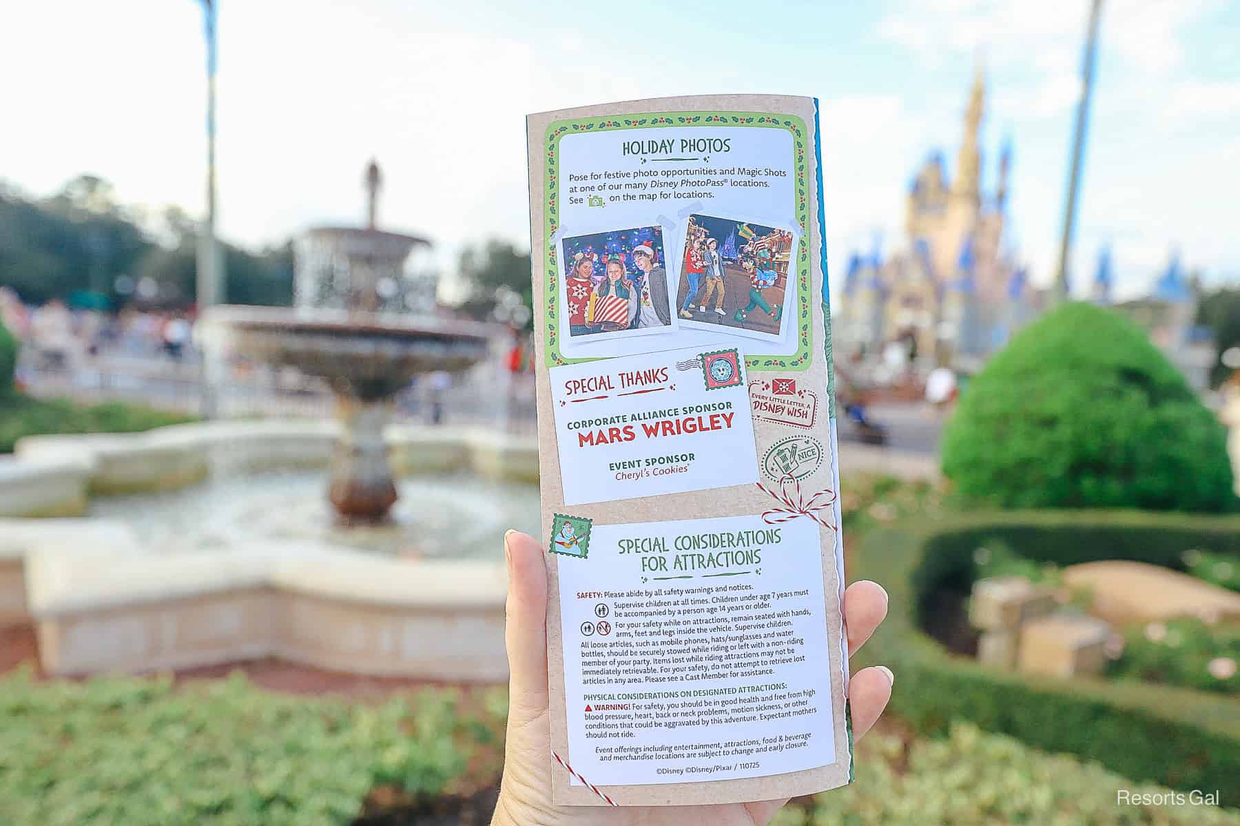 a page in the Mickey's Christmas Party brochure for 2025 that discusses holiday photos and other considerations