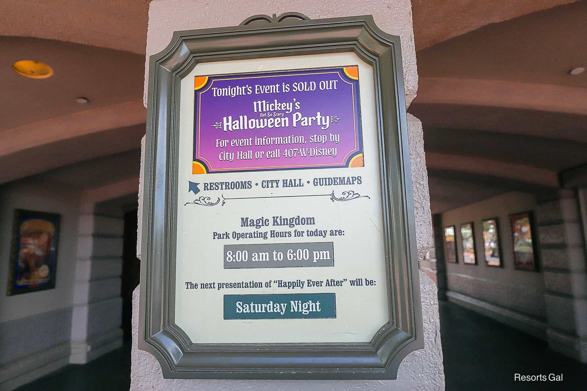 a sign that informs guests that Tonight's Event is sold out for Mickey's Not So Scary Halloween Party 