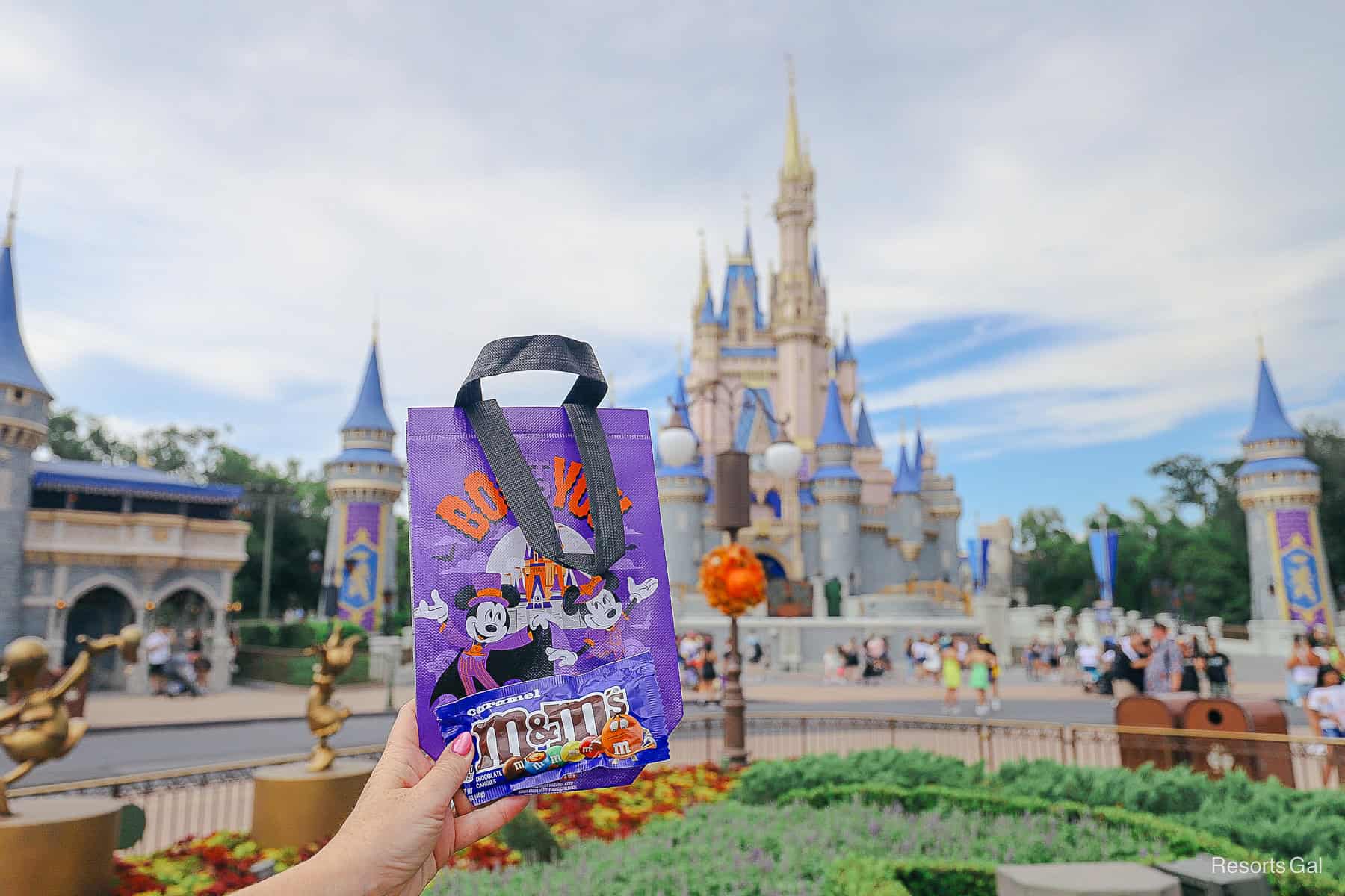 holding a trick or treat bag and M&M's up in front of Cinderella Castle 
