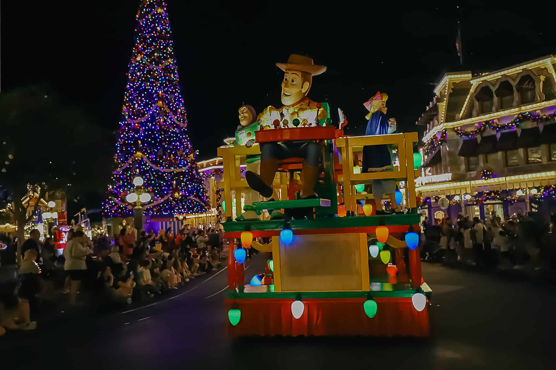 The Toy Story Float glows at nighttime. 