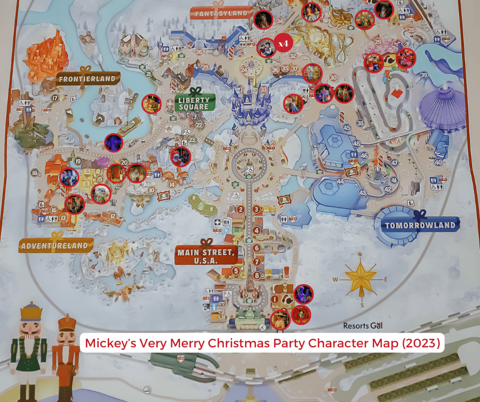 Map of character locations at Mickey's Very Merry Christmas Party 