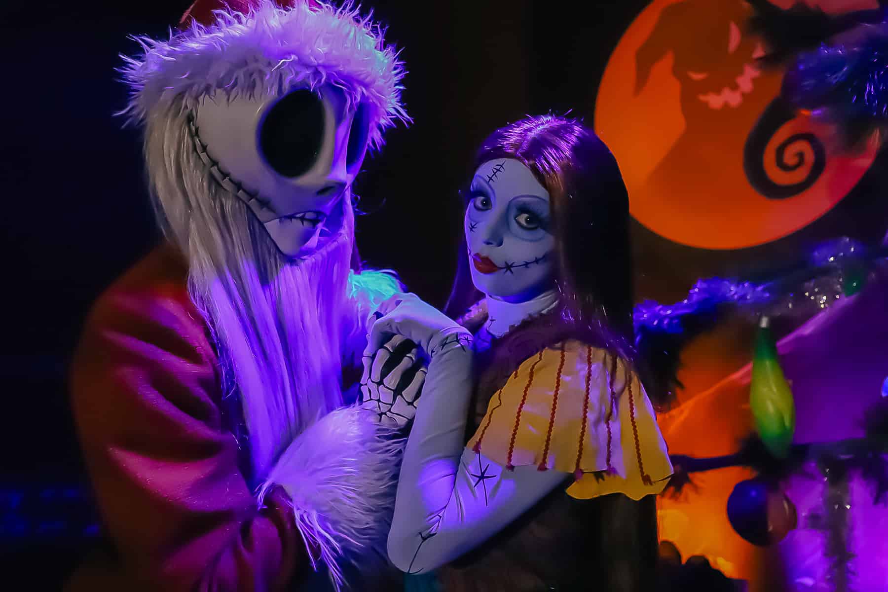 Jack Skellington as Sandy Claws with Sally at their character meet at Mickey's Very Merry Christmas Party. 