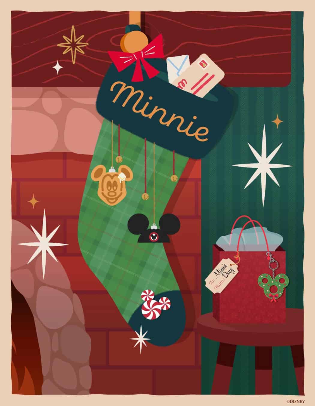 a stocking with Minnie Mouse and a red bow