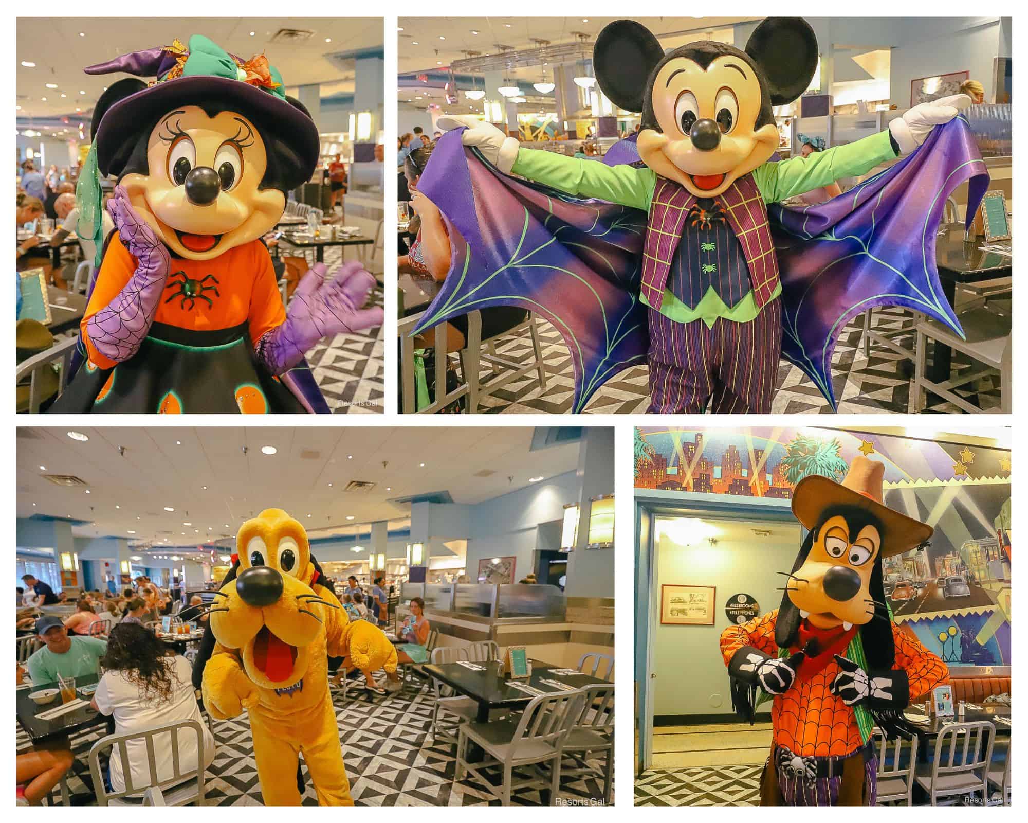 a collage of the character dining experience at Minnie's Halloween Dine 
