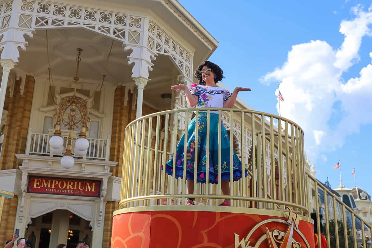 Mirabel poses for a photo on top of the Adventureland Friends Cavalcade. 
