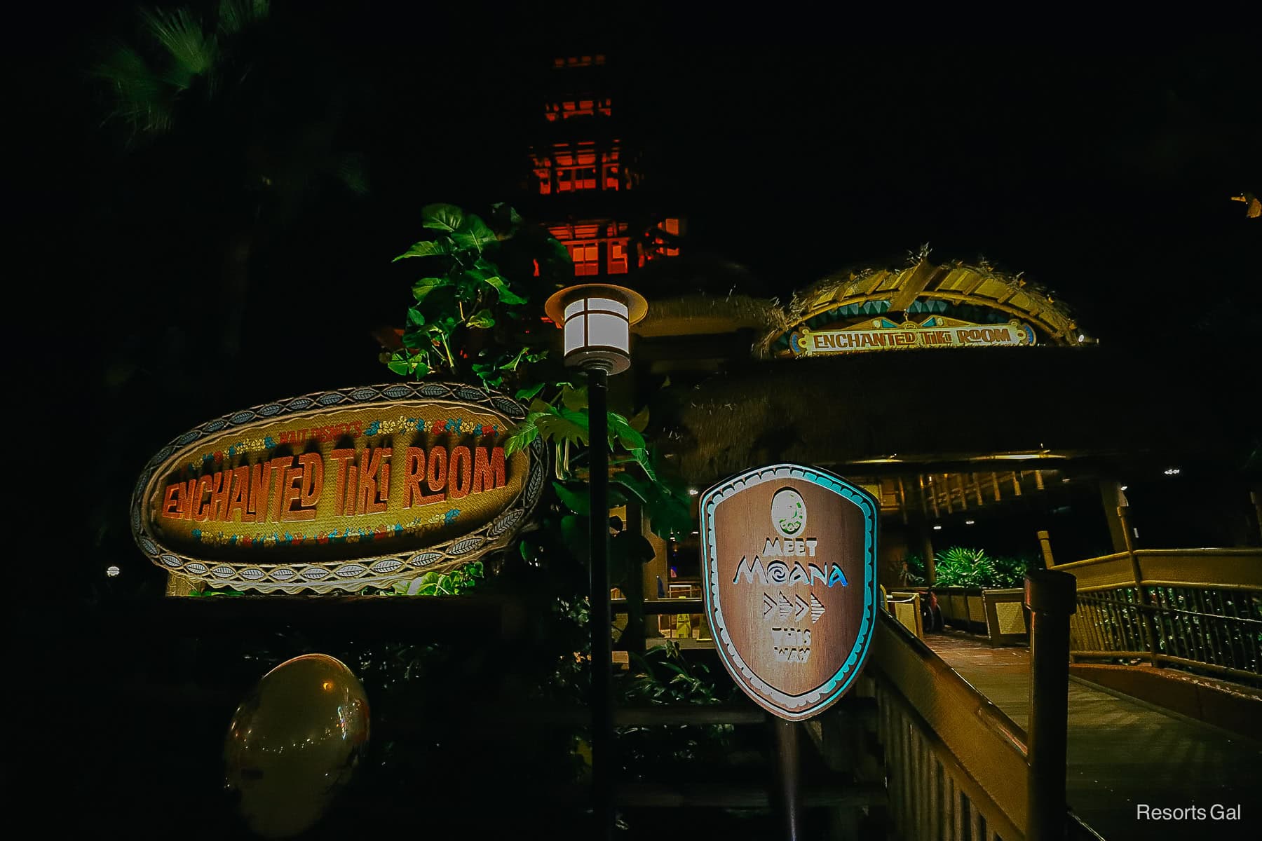 the entrance of the Enchanted Tiki Room with the Meet Moana This Way Sign 