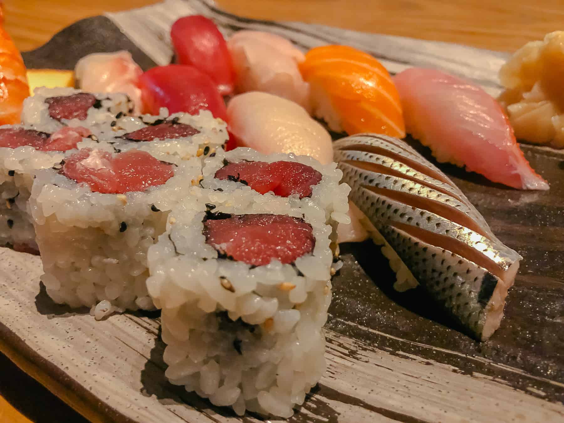 close up of sushi platter