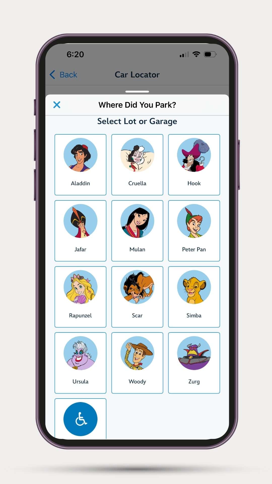 Screen then displays a list of characters representing the parking lots at each theme park 