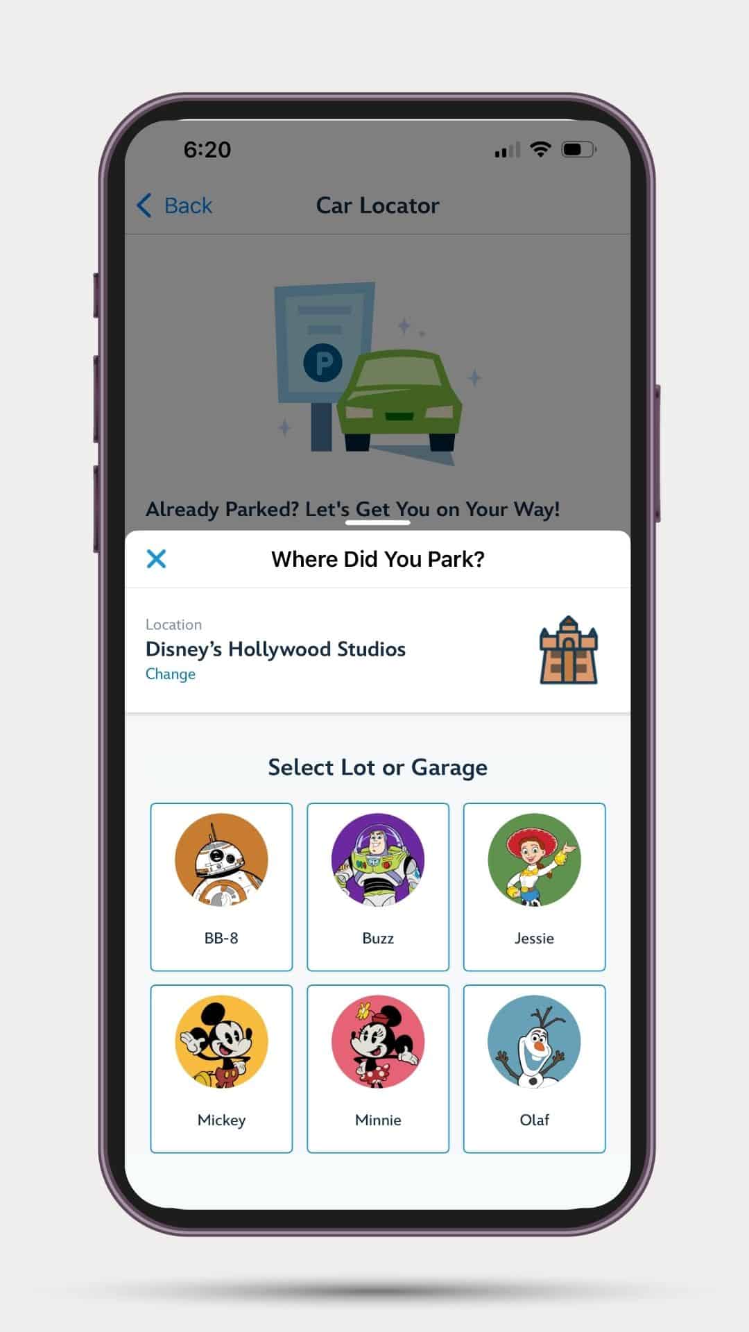 a screen for Hollywood Studios that  prompts to enter your parking lot 