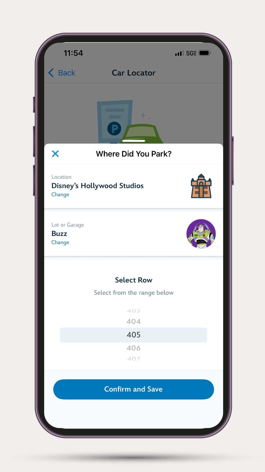a screen that shows your location, then your parking lot, and then it asks you to select the row 