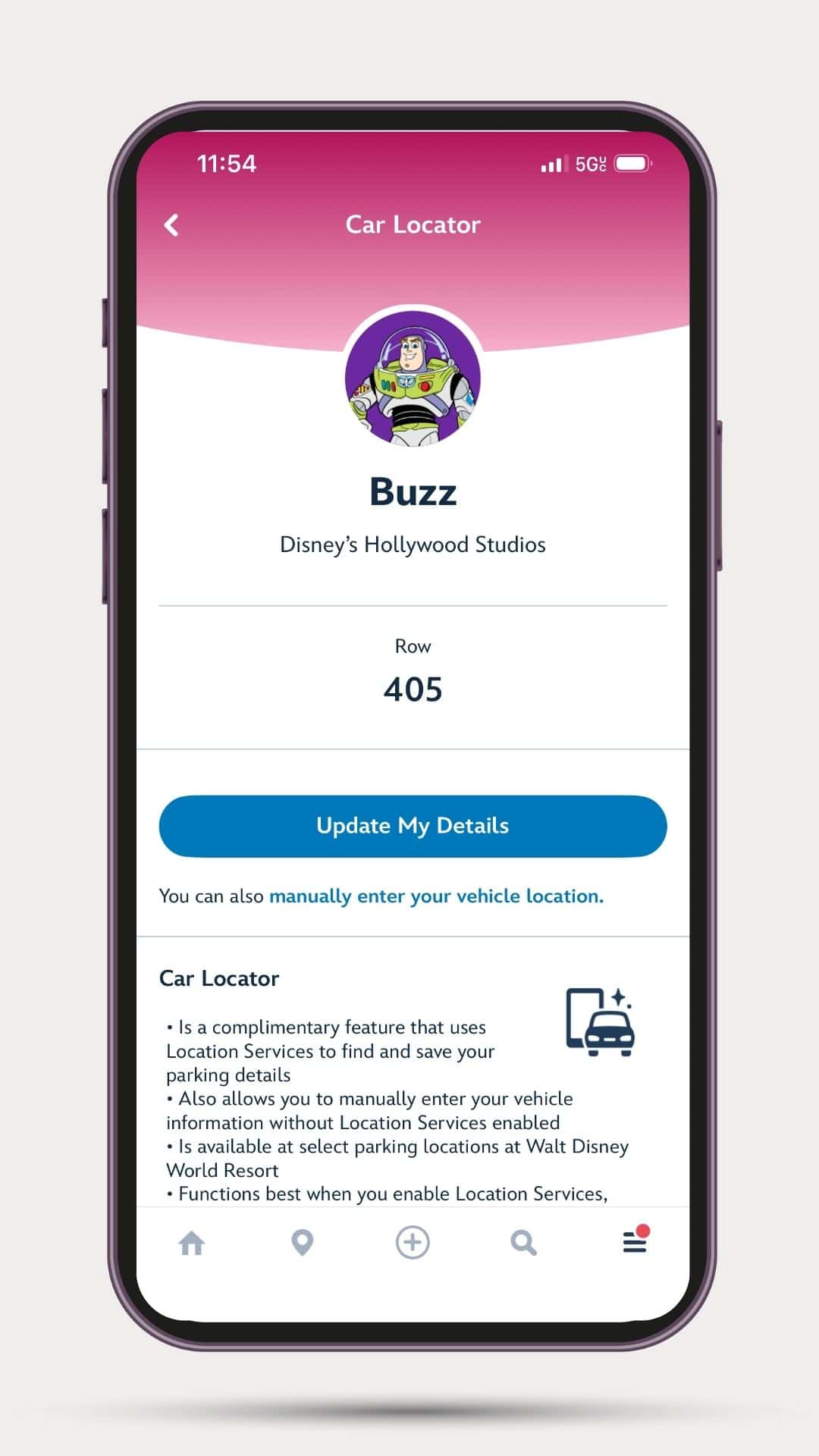 the final screen that shows where you parked 