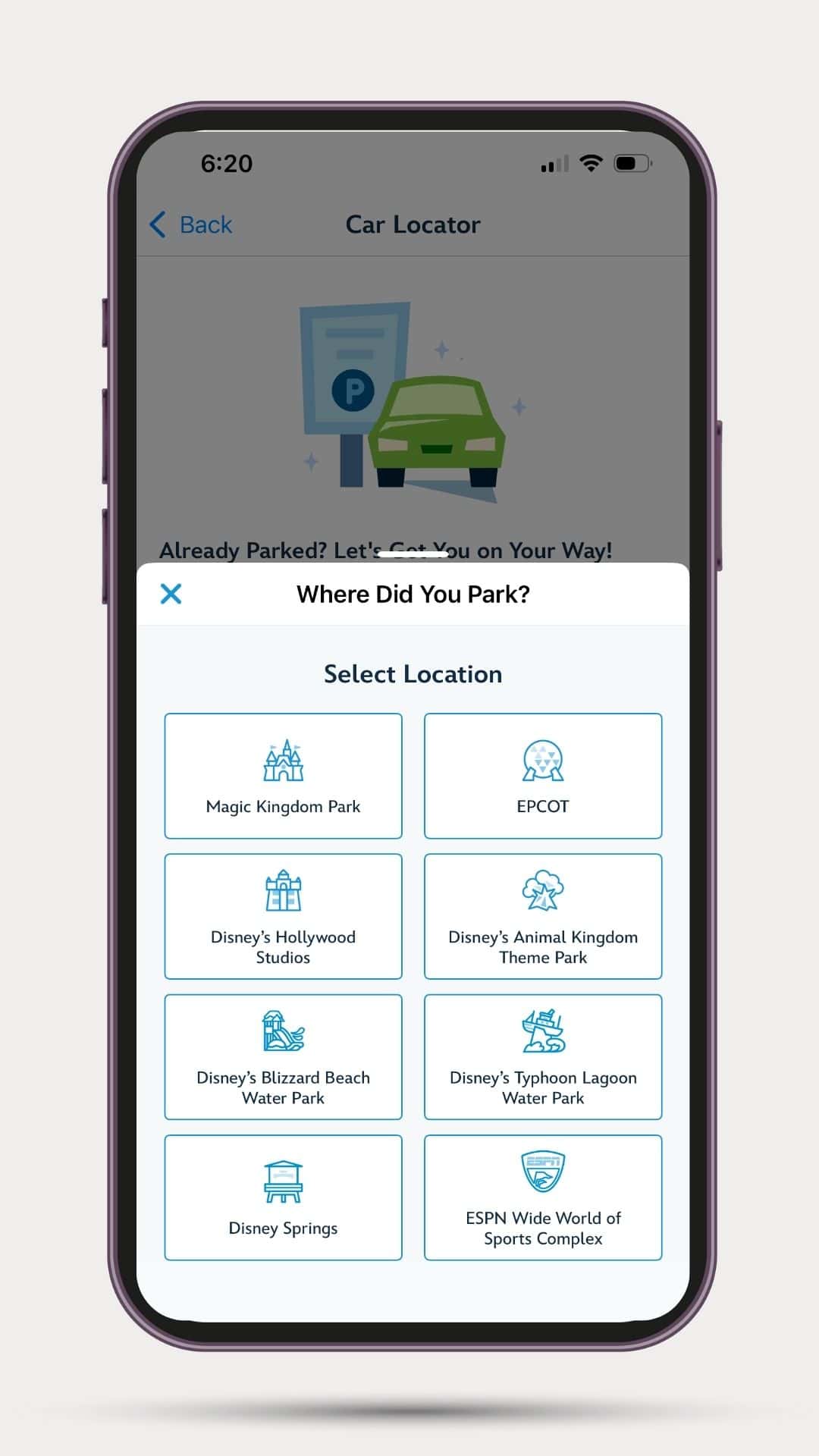 Screen Prompts to enter Where Did you Park and displays a list of locations at Walt Disney World 