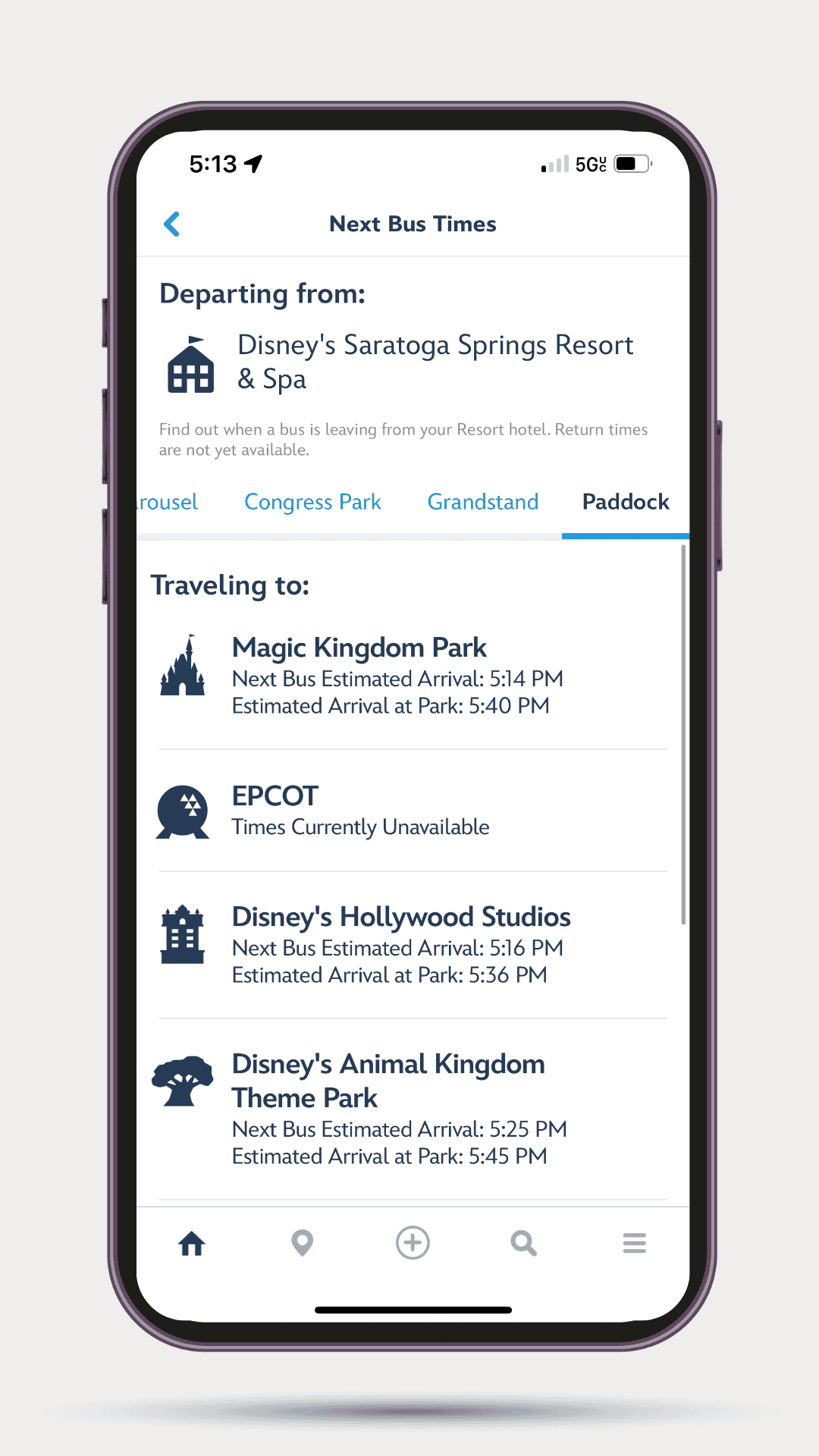 screenshot of the My Disney Experience app that shows a resort with multiple bus stops