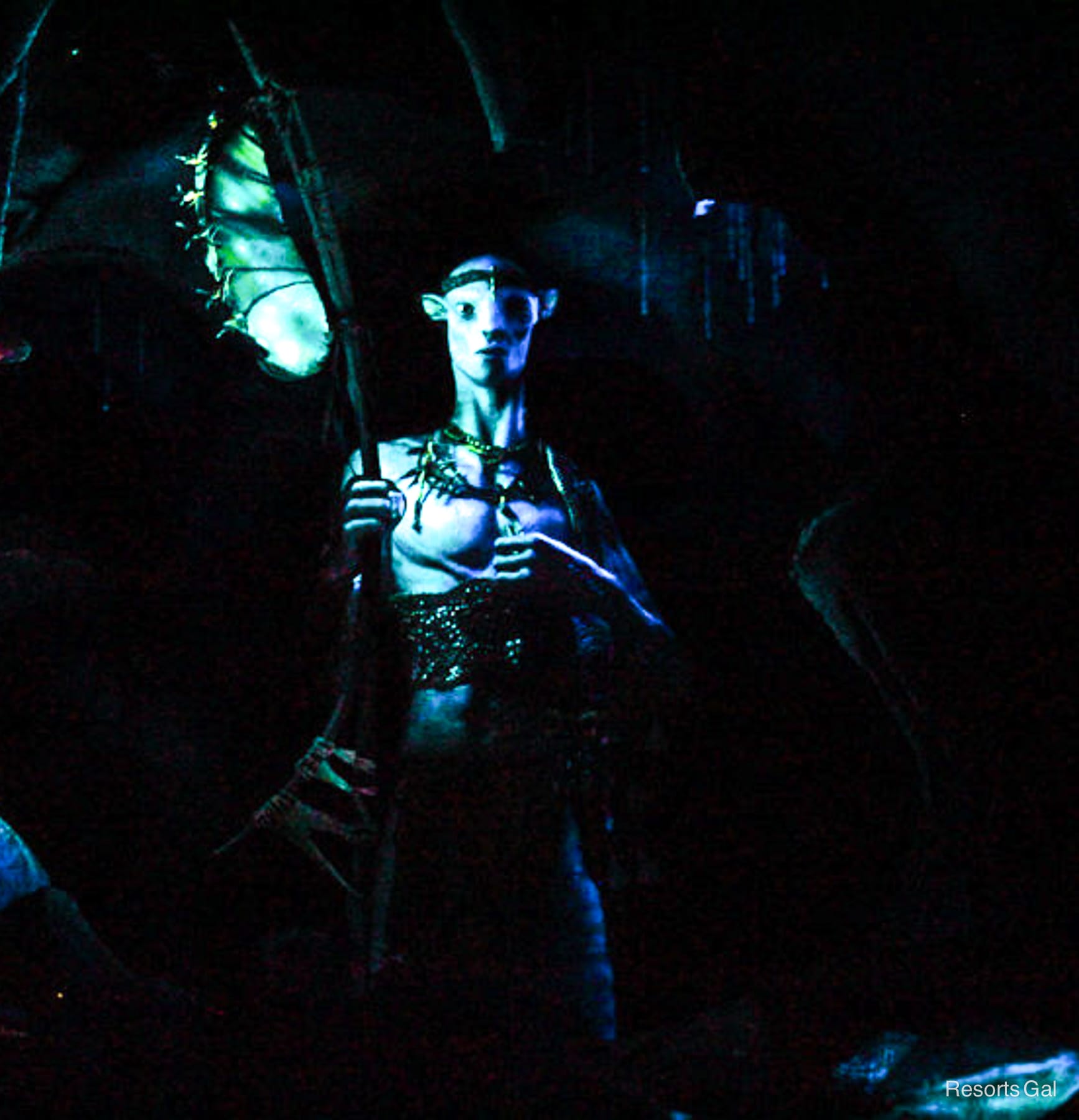 a Na'vi person projected on a ride 