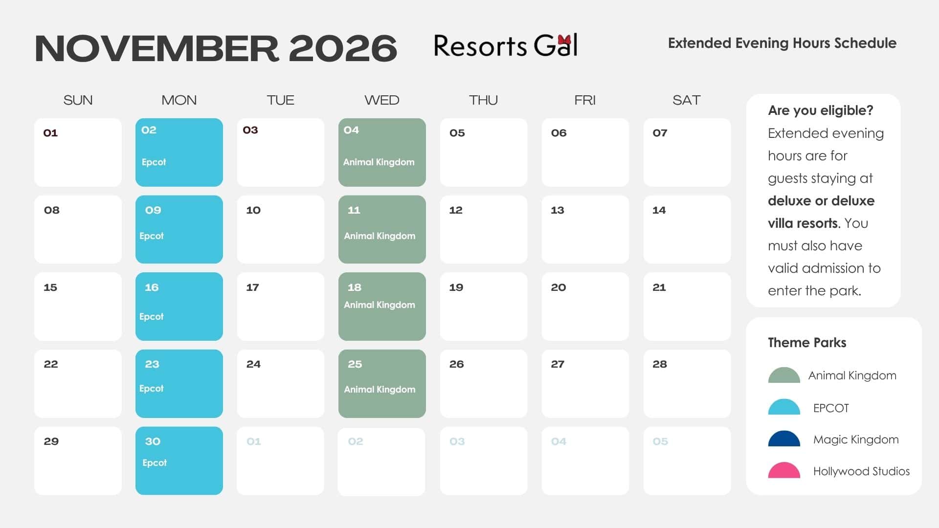 Calendar with November 2026 Extended Evening Hours schedule 