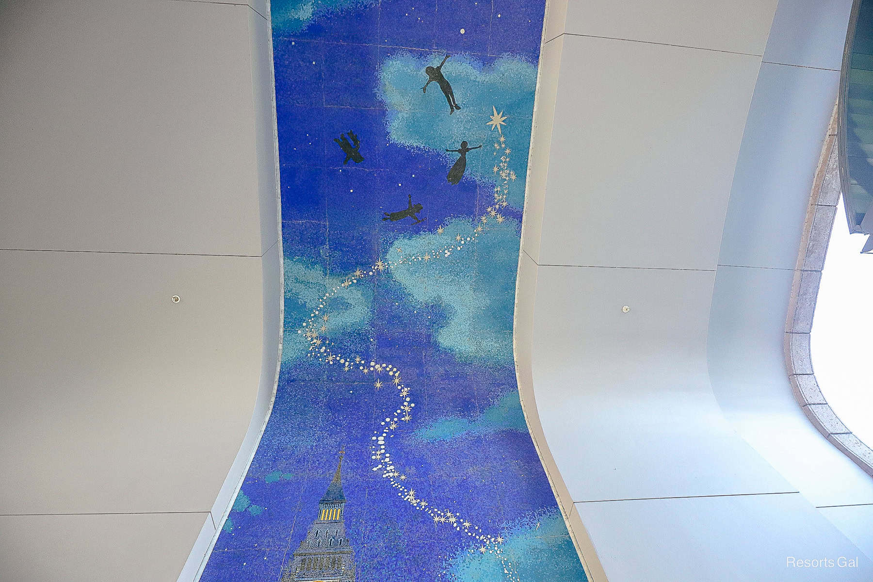 black mosaic tile silhouettes of Peter Pan with the children 