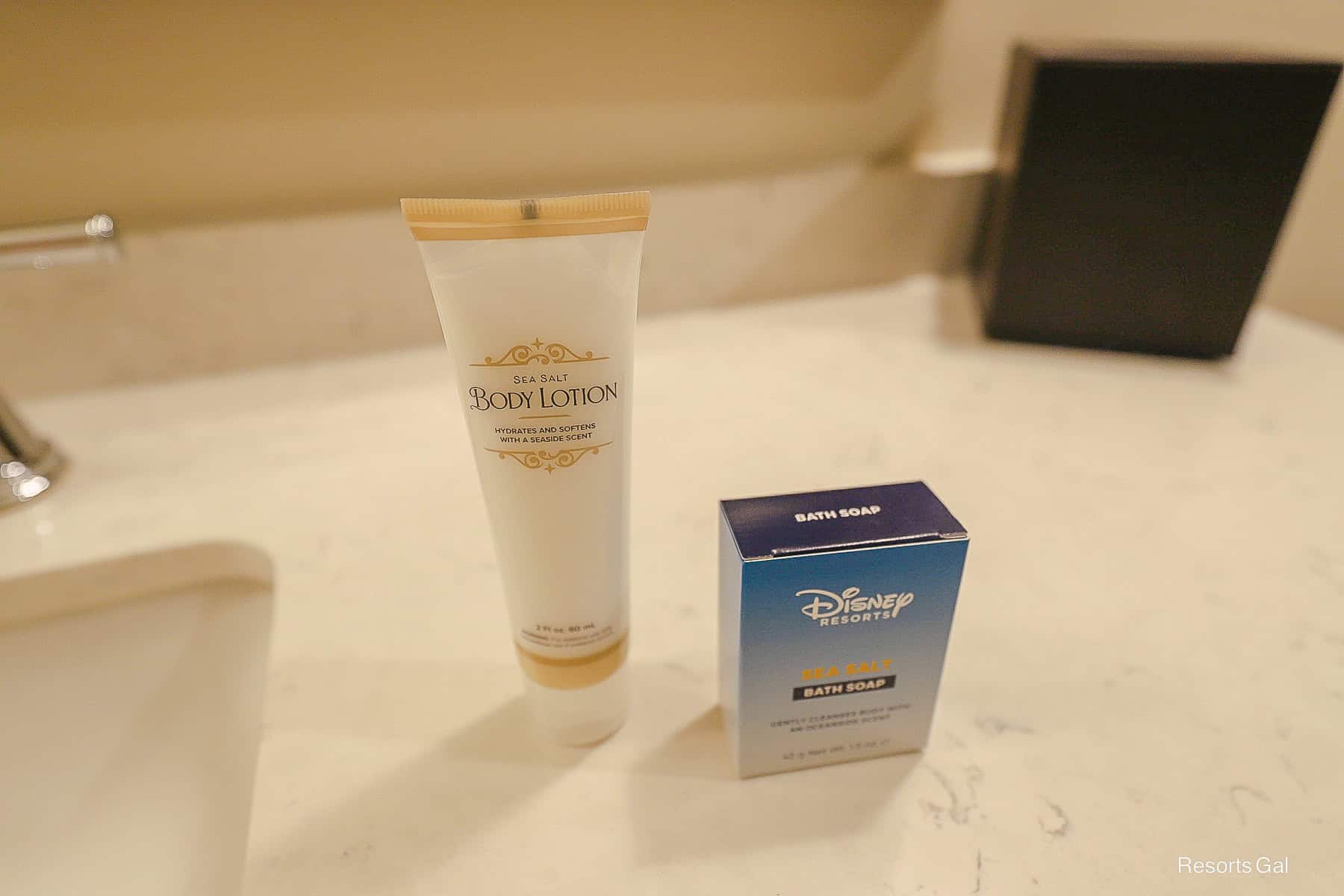 updated toiletries in a standard room at Disney's Boardwalk 