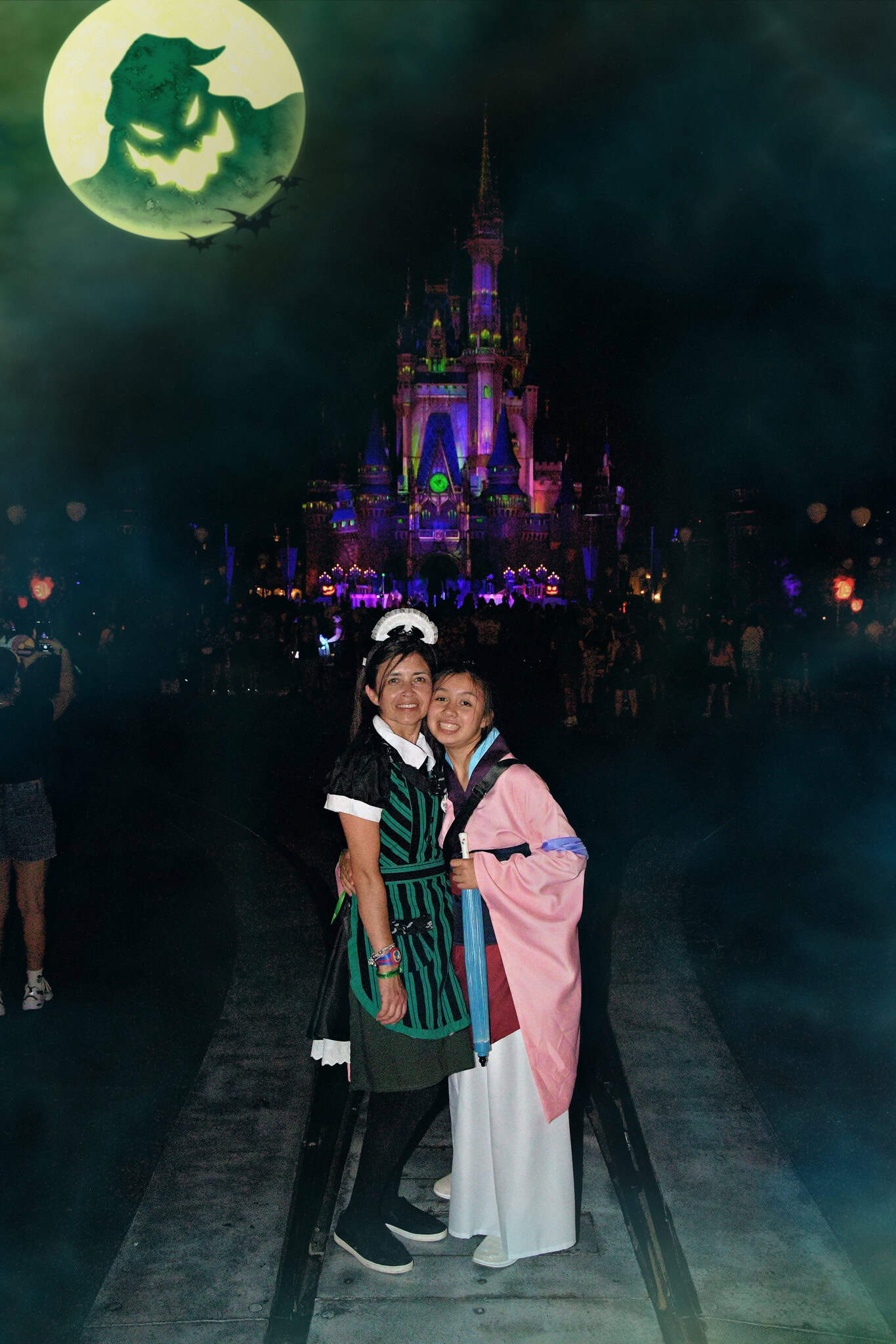 a moon to the left of the castle with Oogie Boogie 