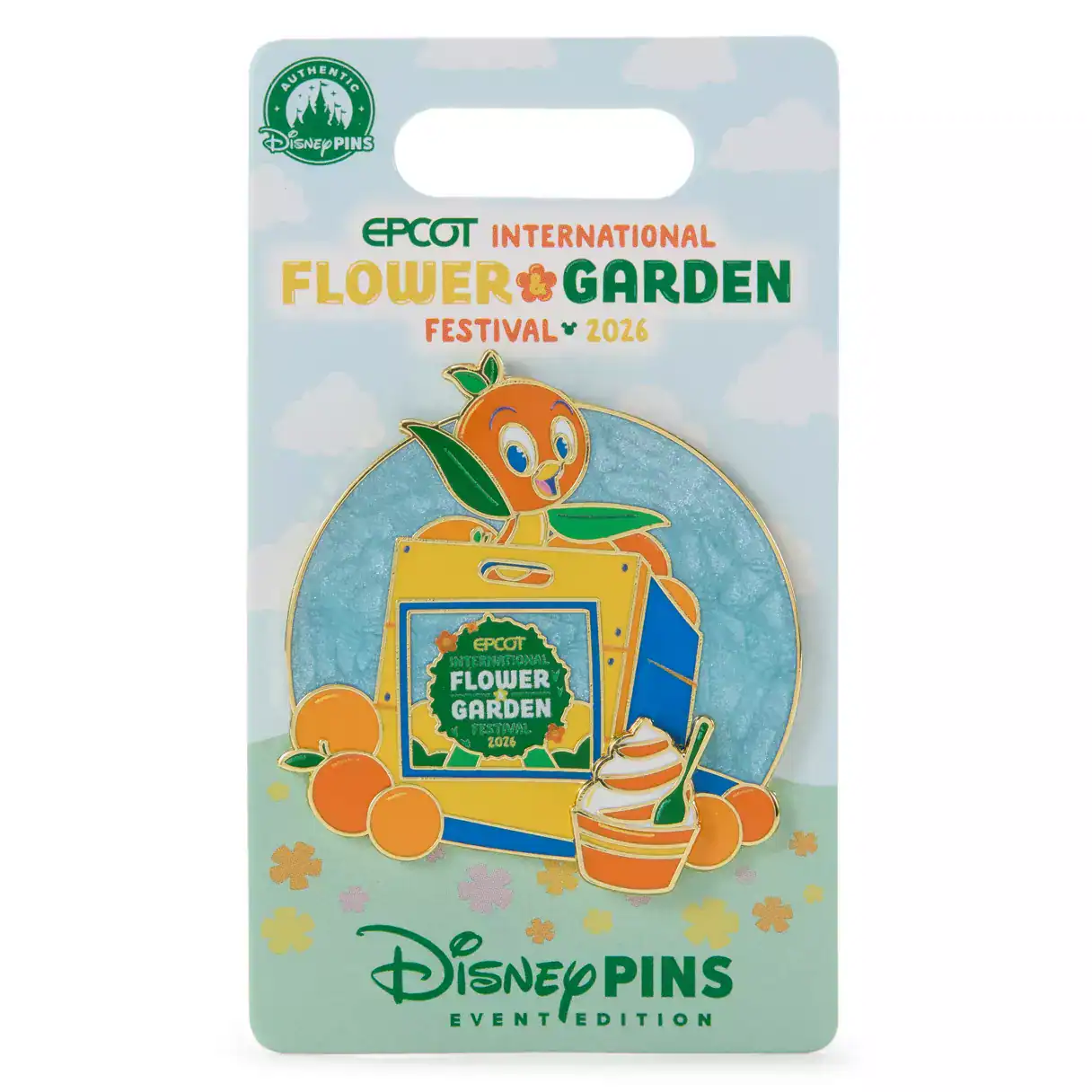 the festival Orange Bird Crate pin as shown to scale on the card 