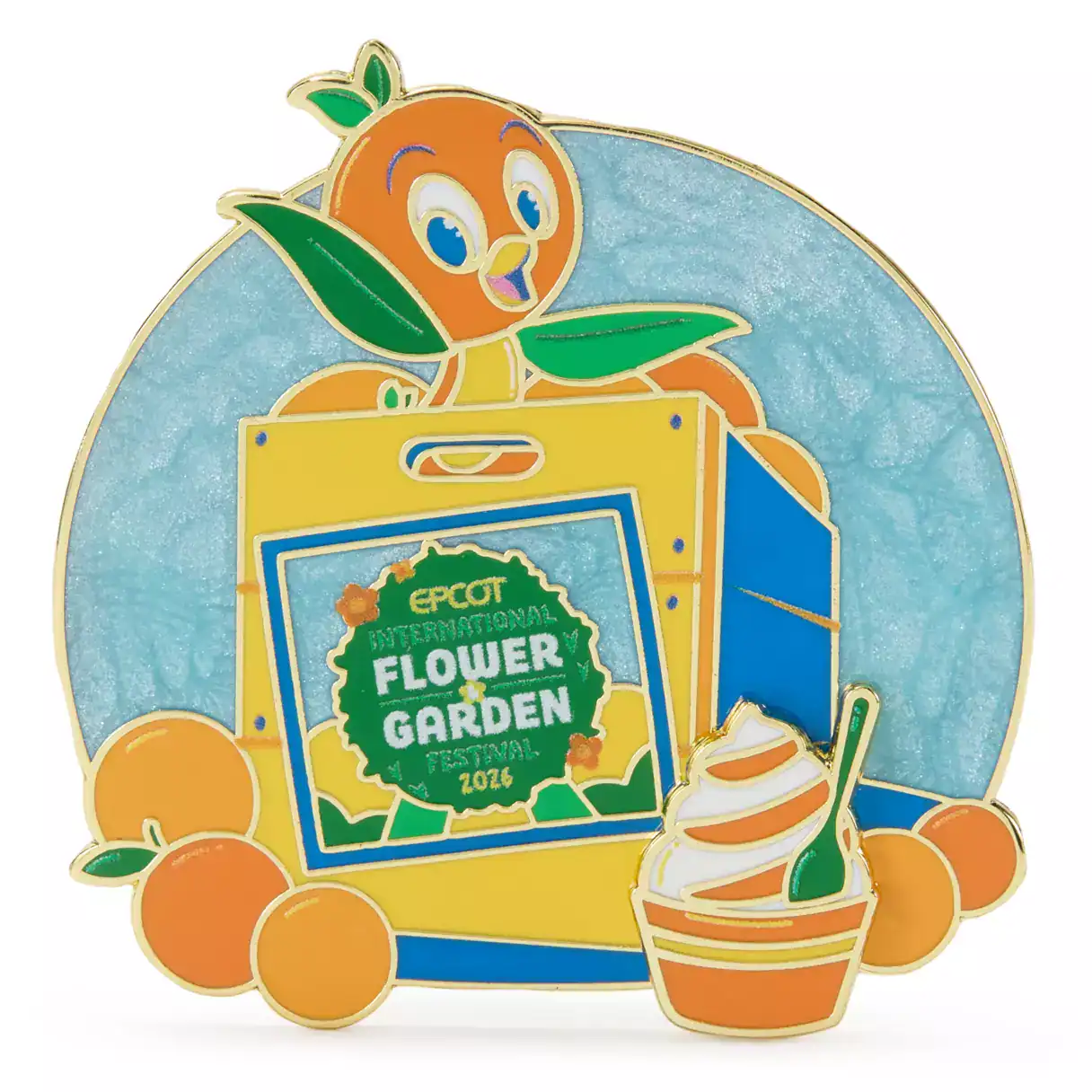 closeup of the crate pin for the 2026 Epcot Flower and Garden Festival 