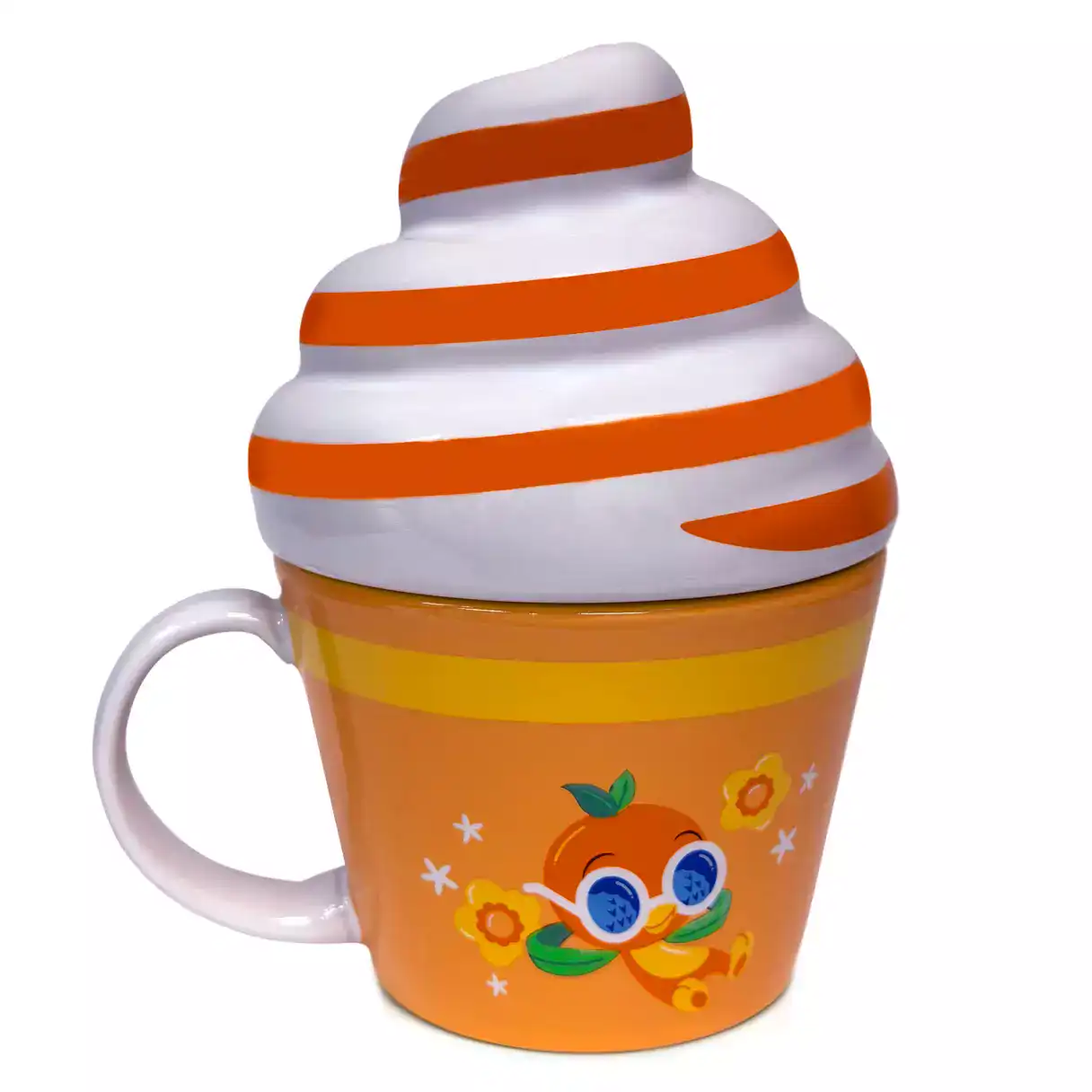 an orange bird design with sunglasses on the front side of the Orange Bird Ice Cream mug 
