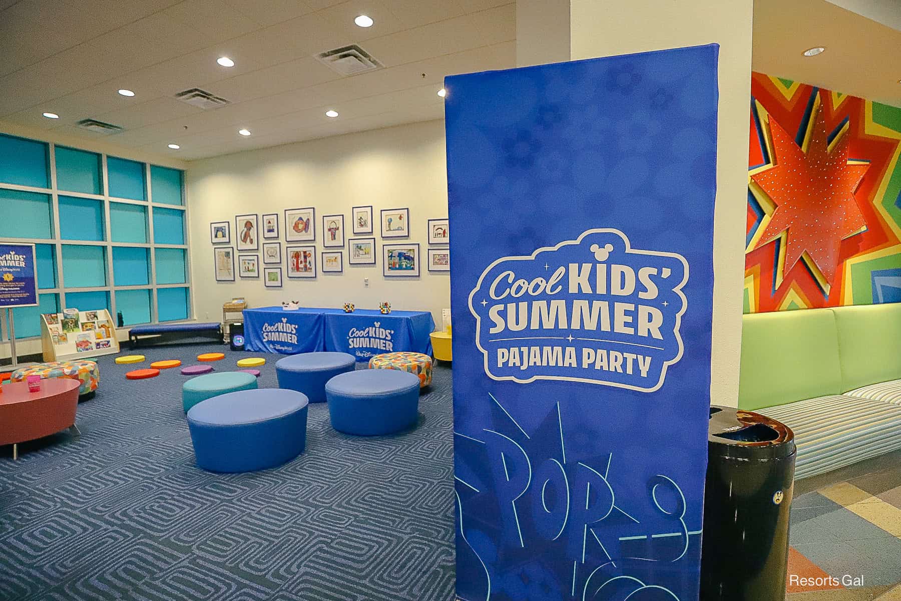 a banner with the Cool Kid's Summer pajama party logo in blue and white
