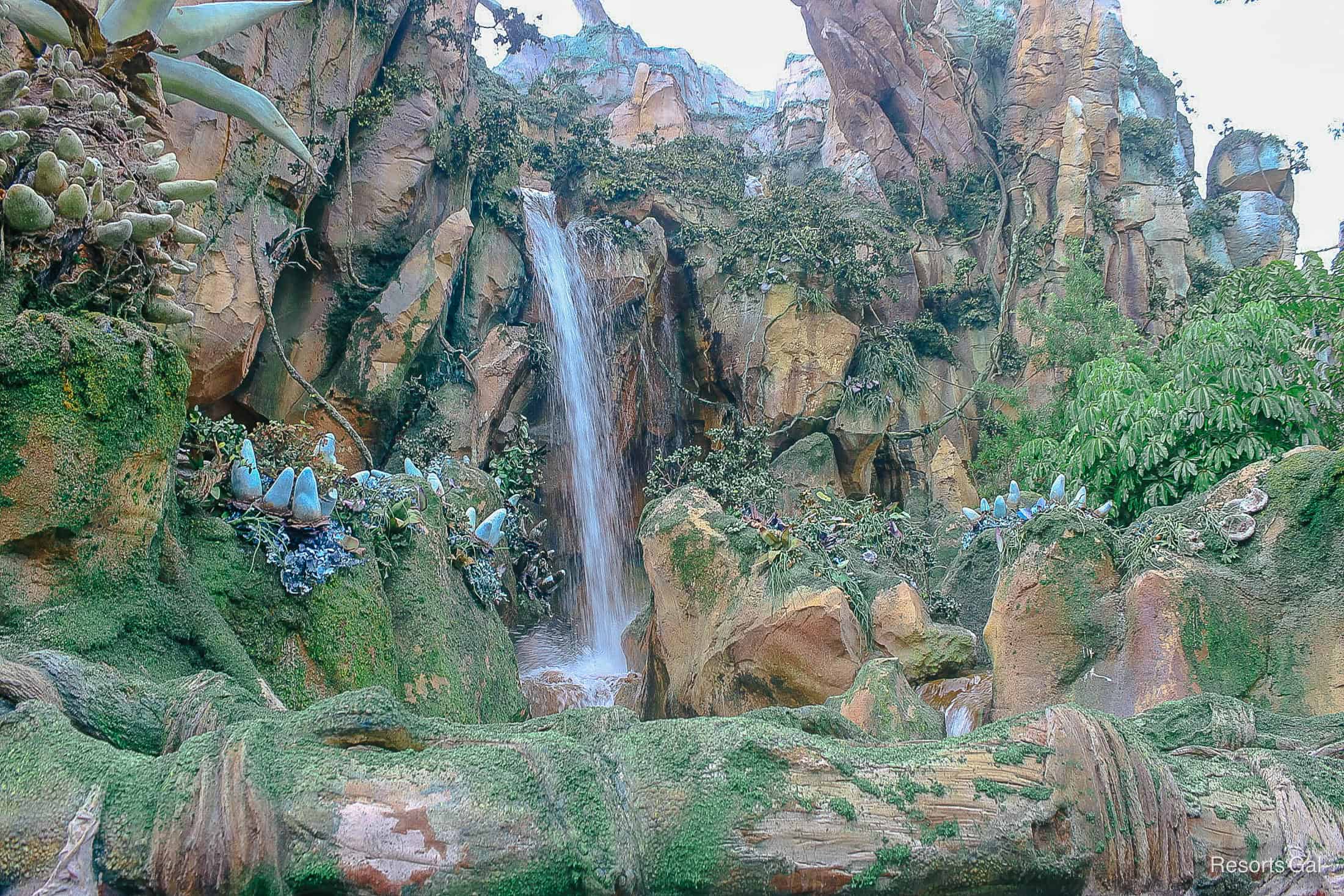 a waterfall with green moss growing on the rocks around it 