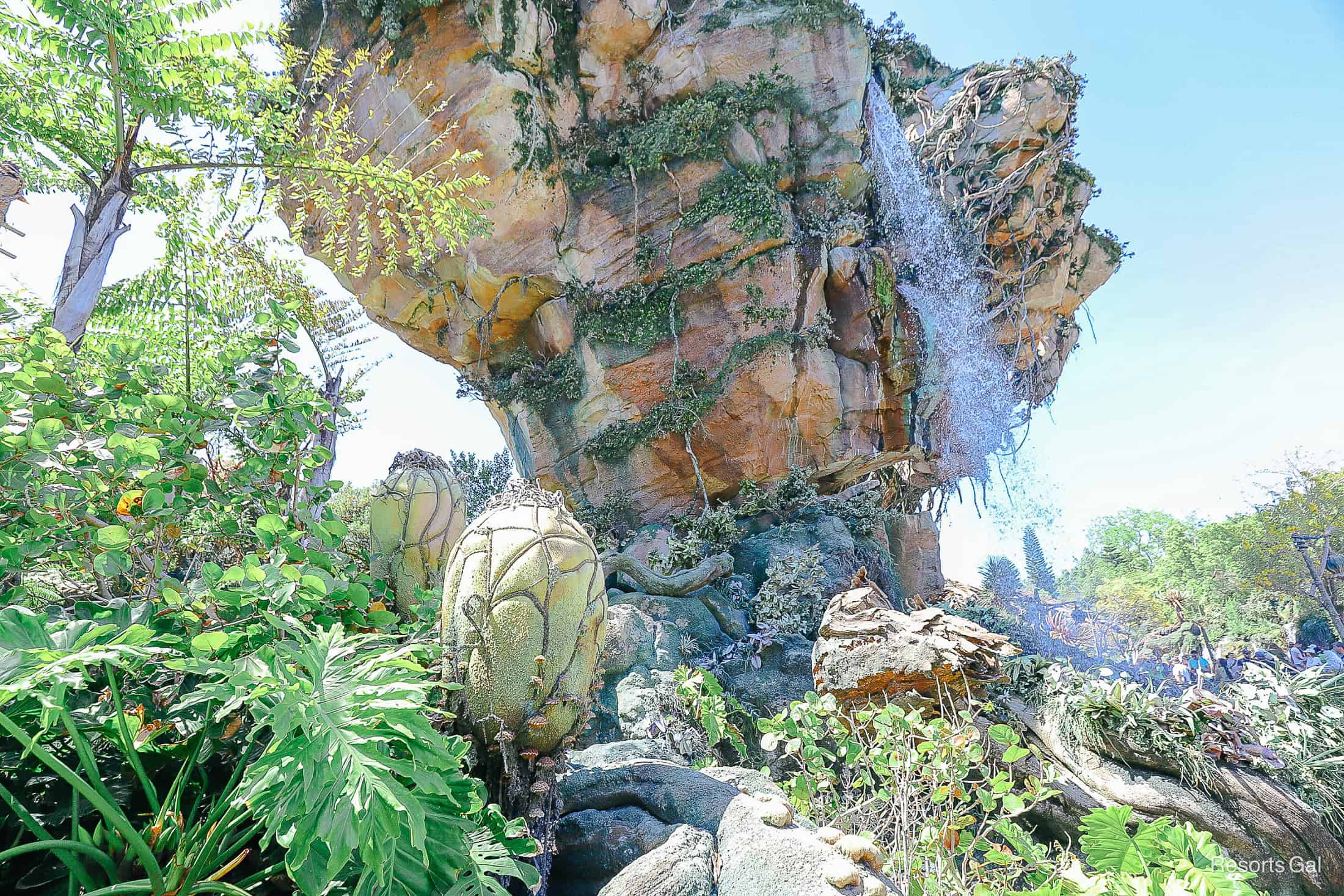 an angle with the waterfall running off the floating mountains 