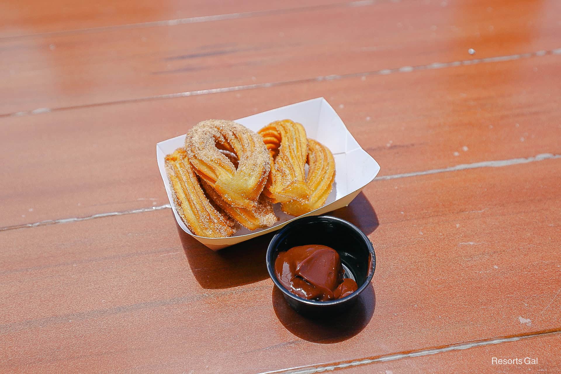 an order of churro loops with chocolate ganache sauce