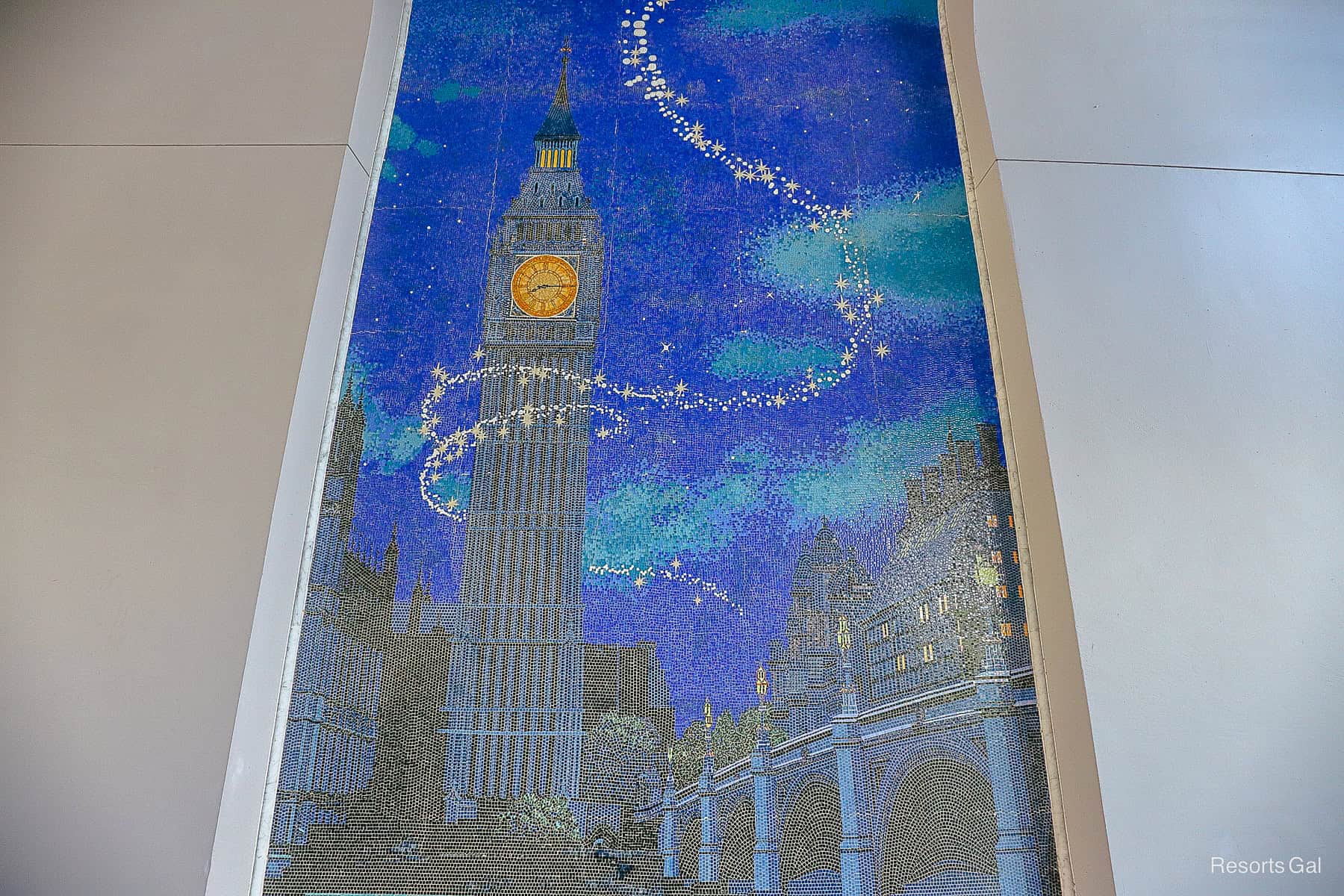 a tile mosaic of Big Ben Tower with white star dust trails wrapped around it 