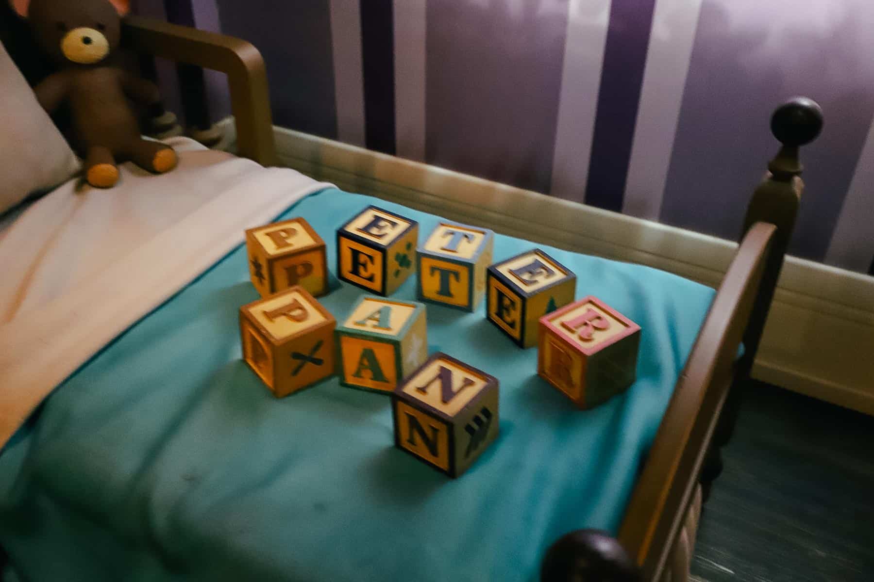 Peter Pan spelled out in blocks. 