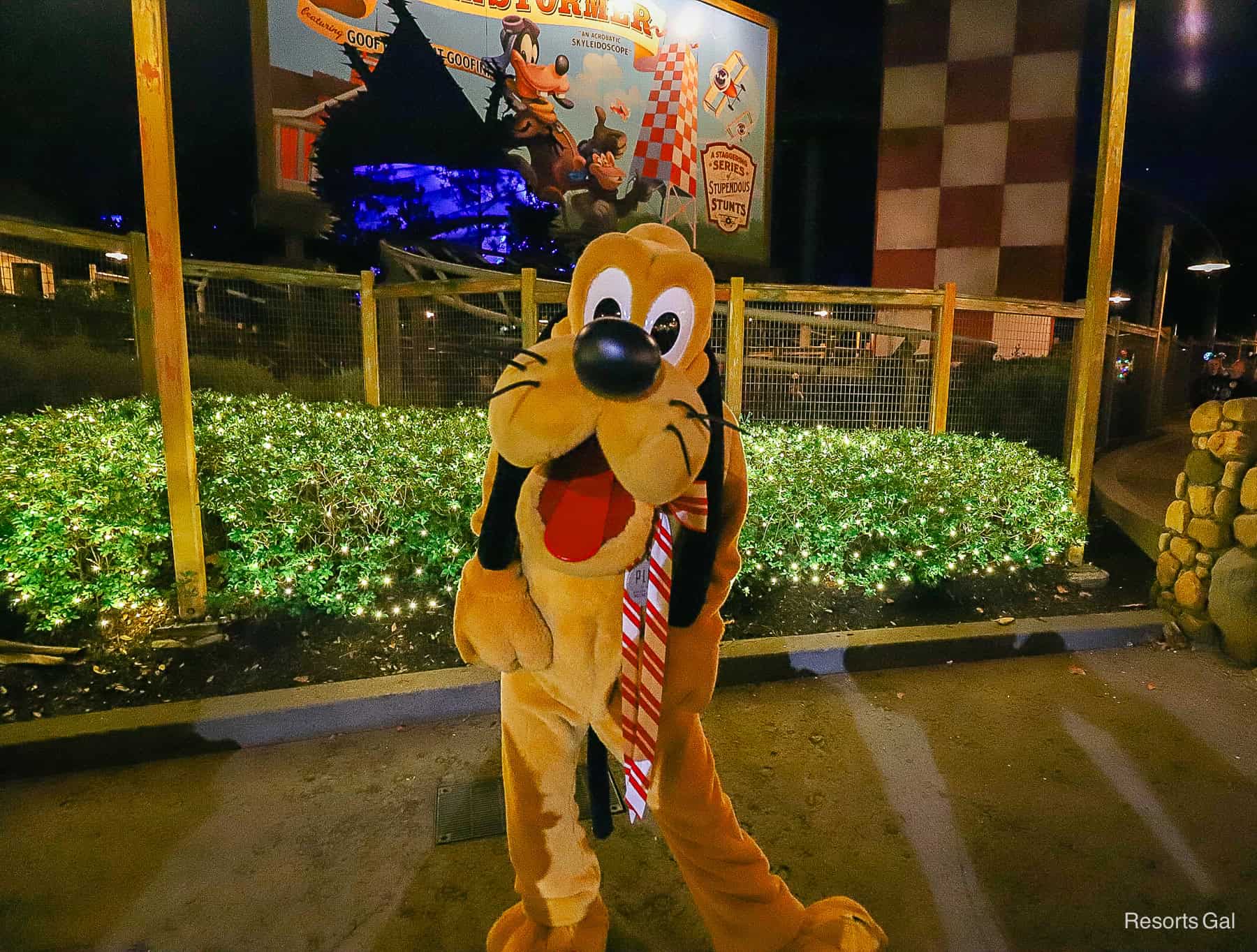 Pluto in the Barnstormer Courtyard during Mickey's Very Merry Christmas Party 