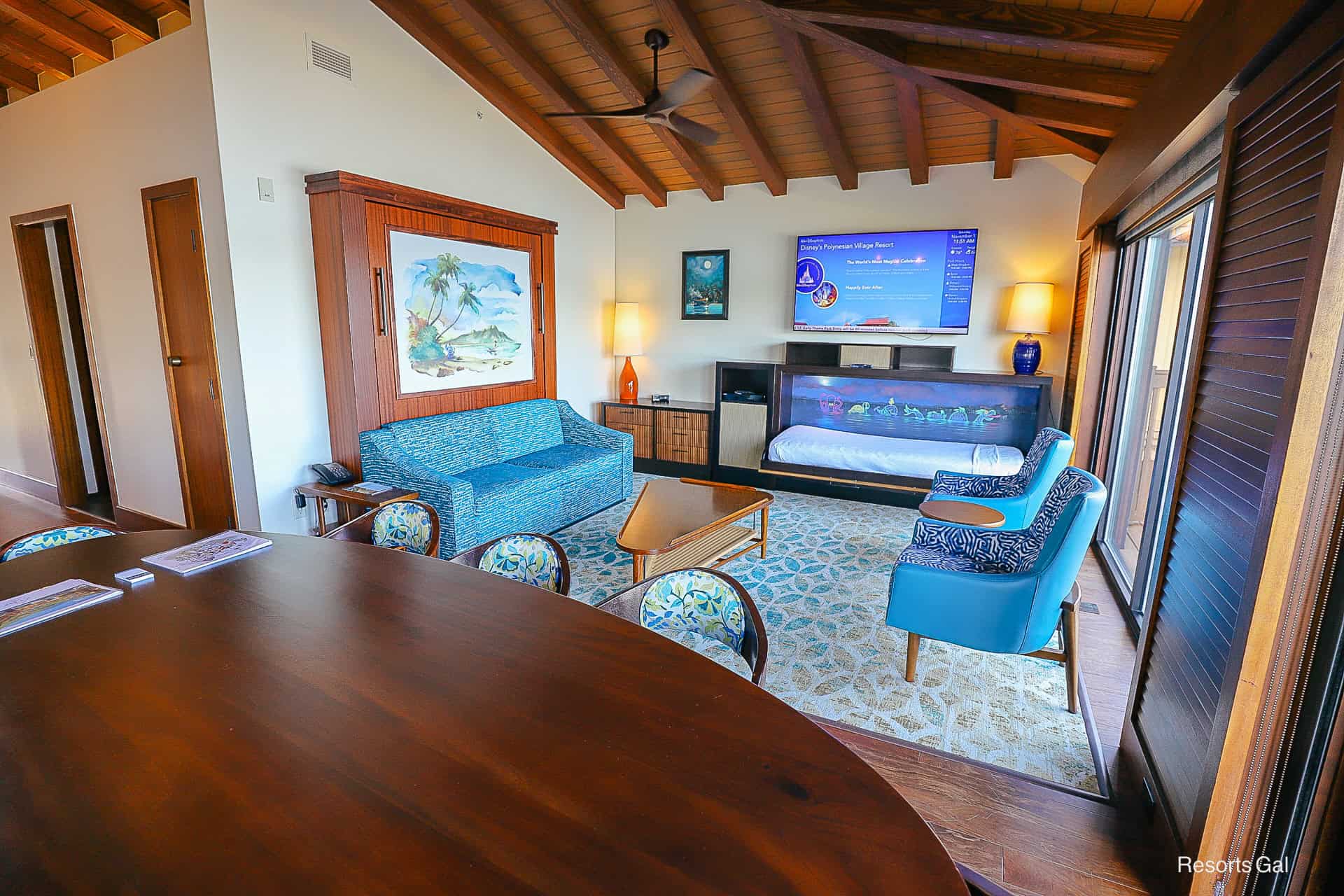 a living space with pulldown bed options in the Bora Bora Bungalows at the Polynesian