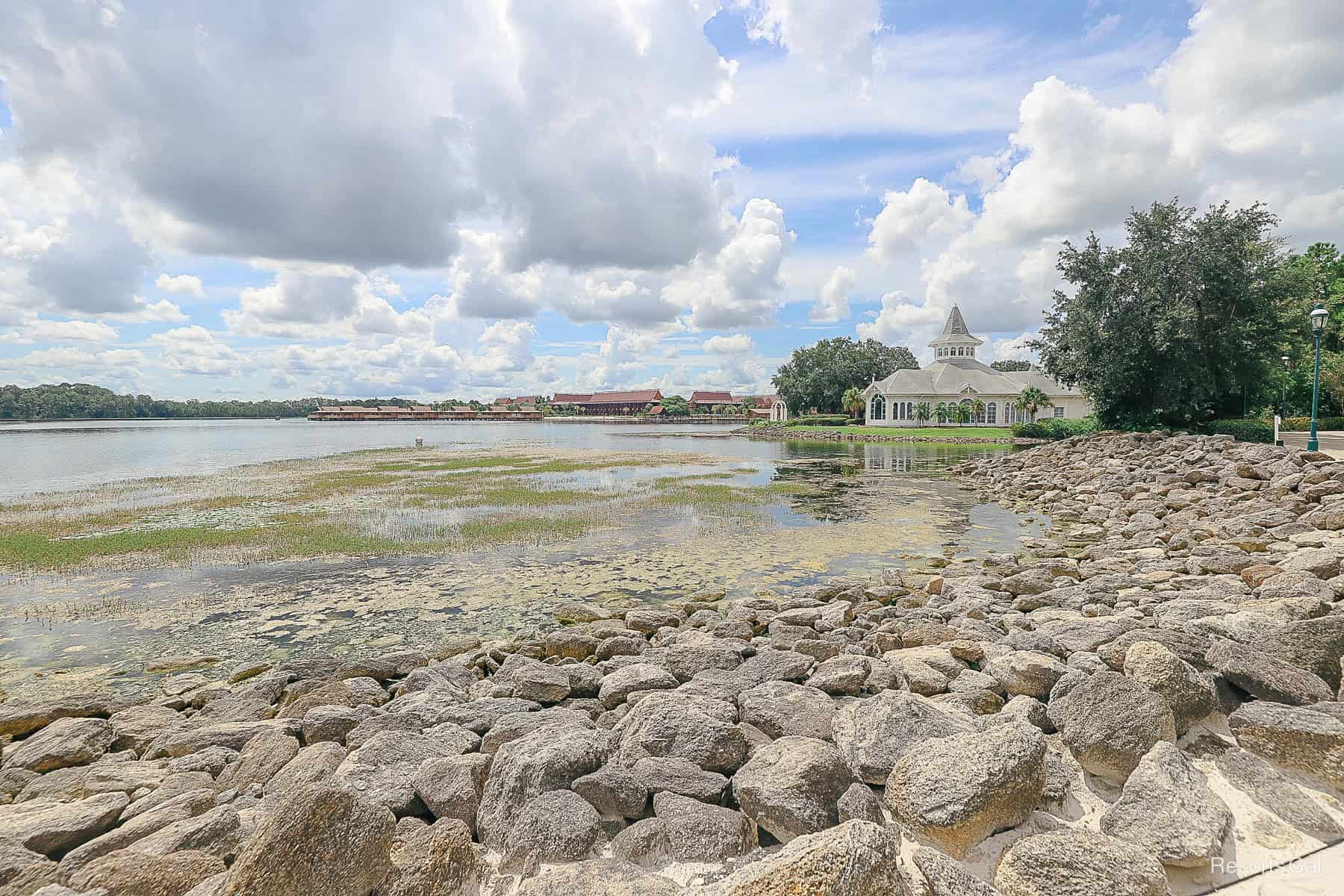 rocks along the shoreline of the walking path