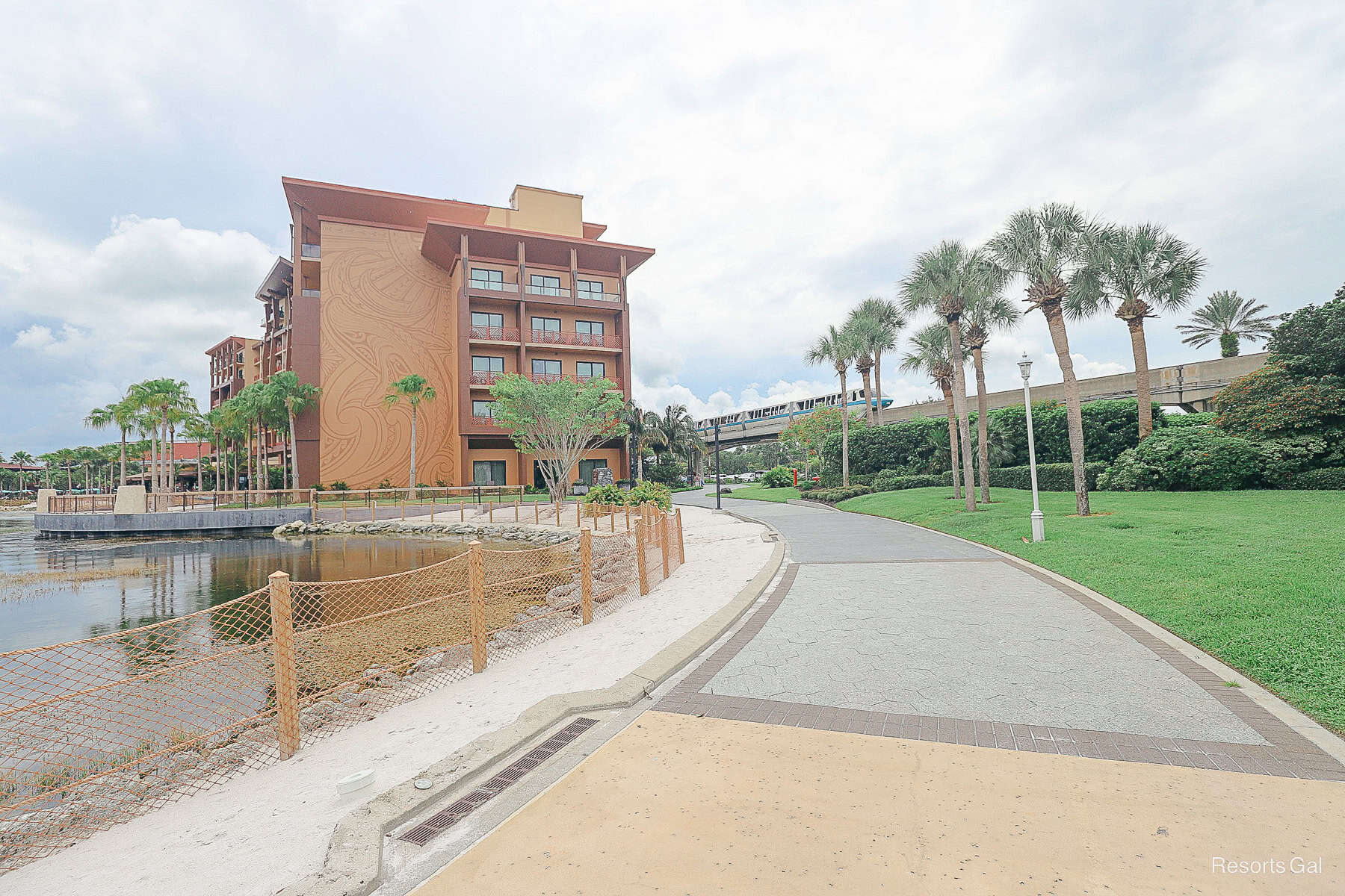 the Island Tower walking path with the monorail passing by