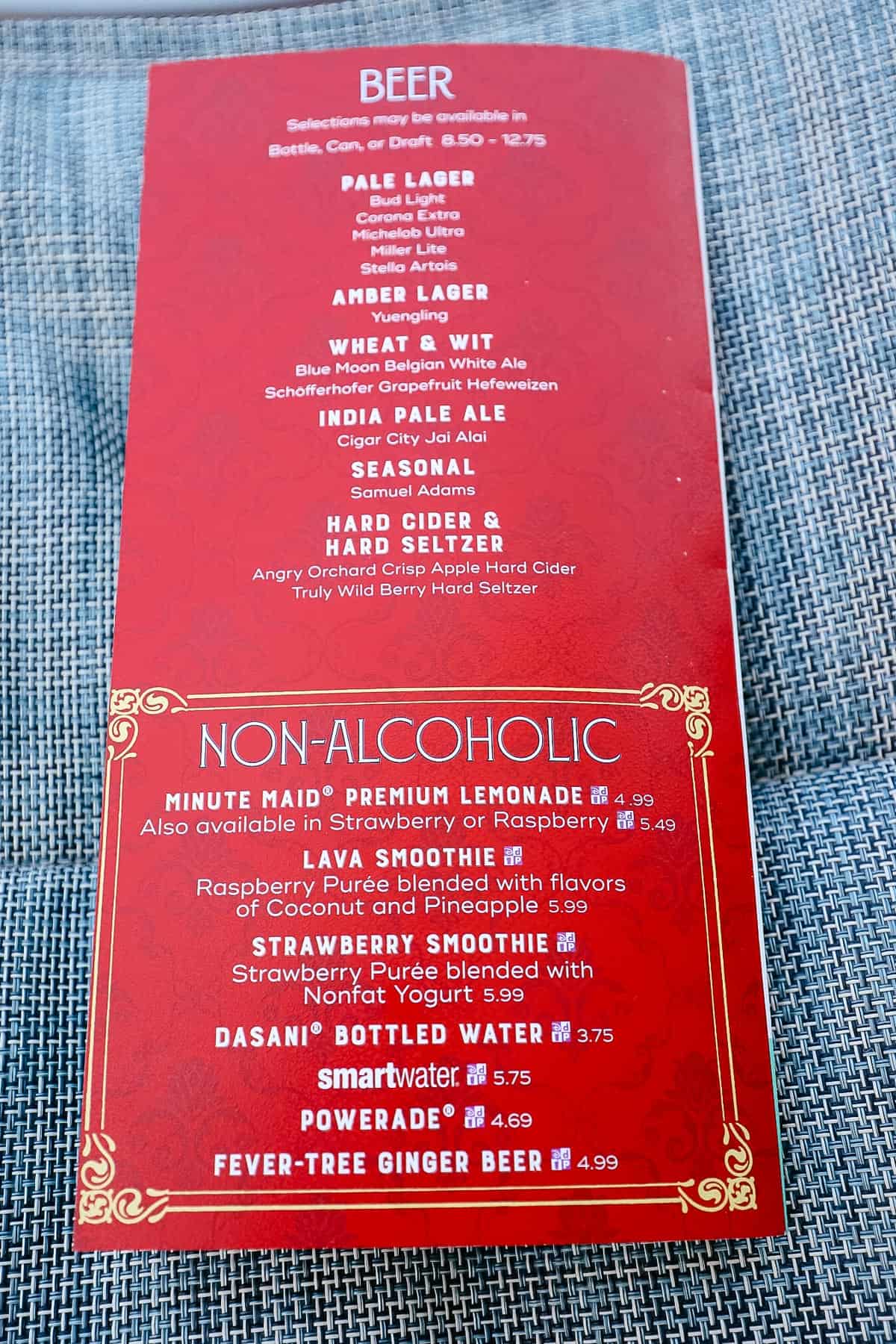 beer and wine menu for the pool bar 