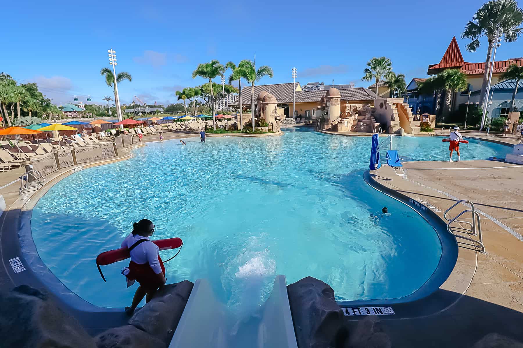 the water slide exits to the pool