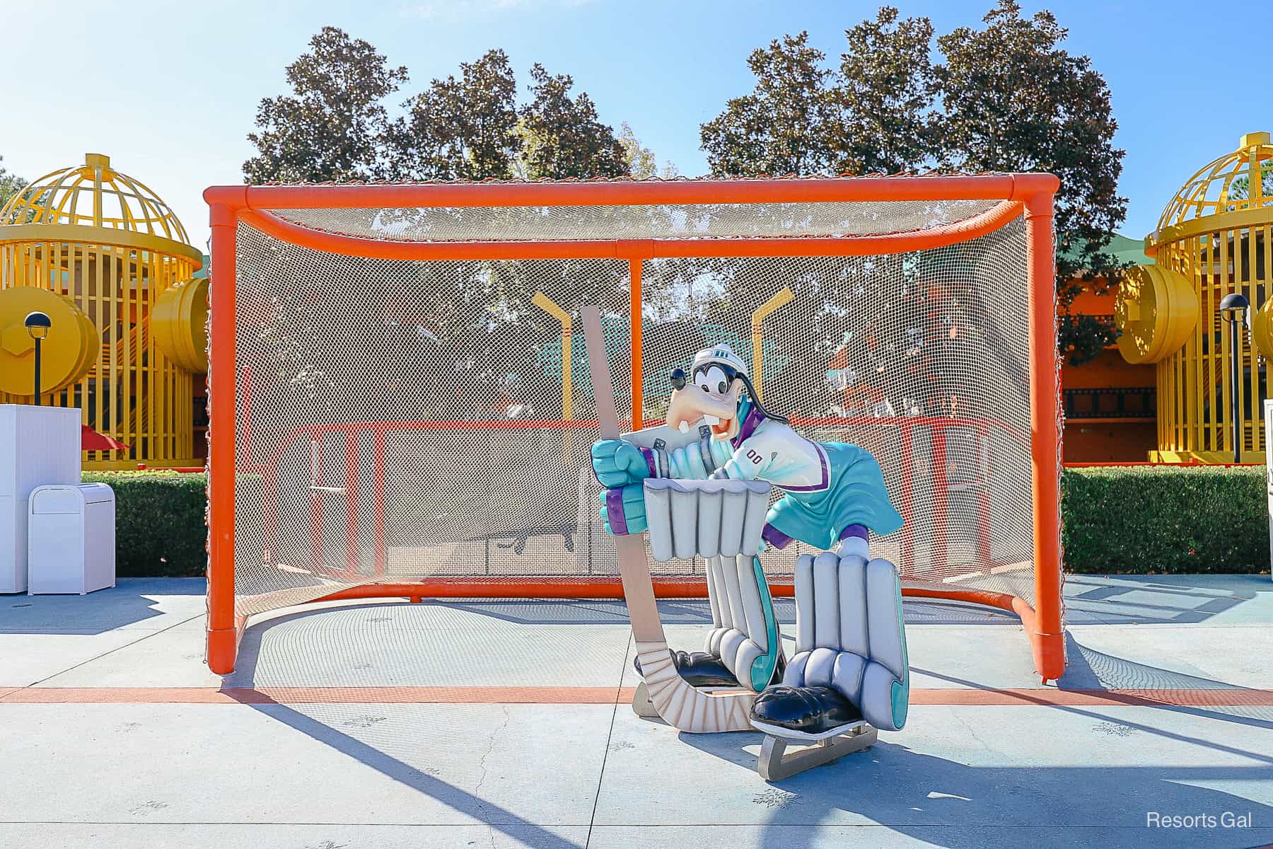 Goofy at the goal post at the All-Star Movies Pool 